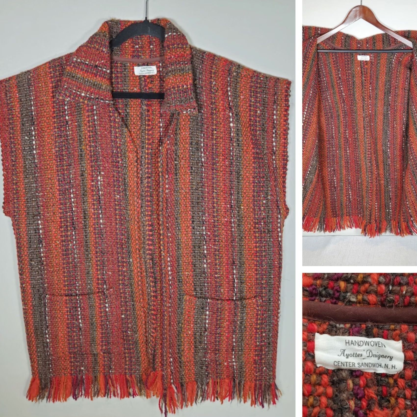 Vintage VTG Ayotte's Designery Handwoven Textile Vest Unisex L Roberta Ayotte's Designery Red Orange Brown Wool 1970s Hippy EUC Vest Mens Womens Size L / US 10 / IT 46 - 2 Thumbnail