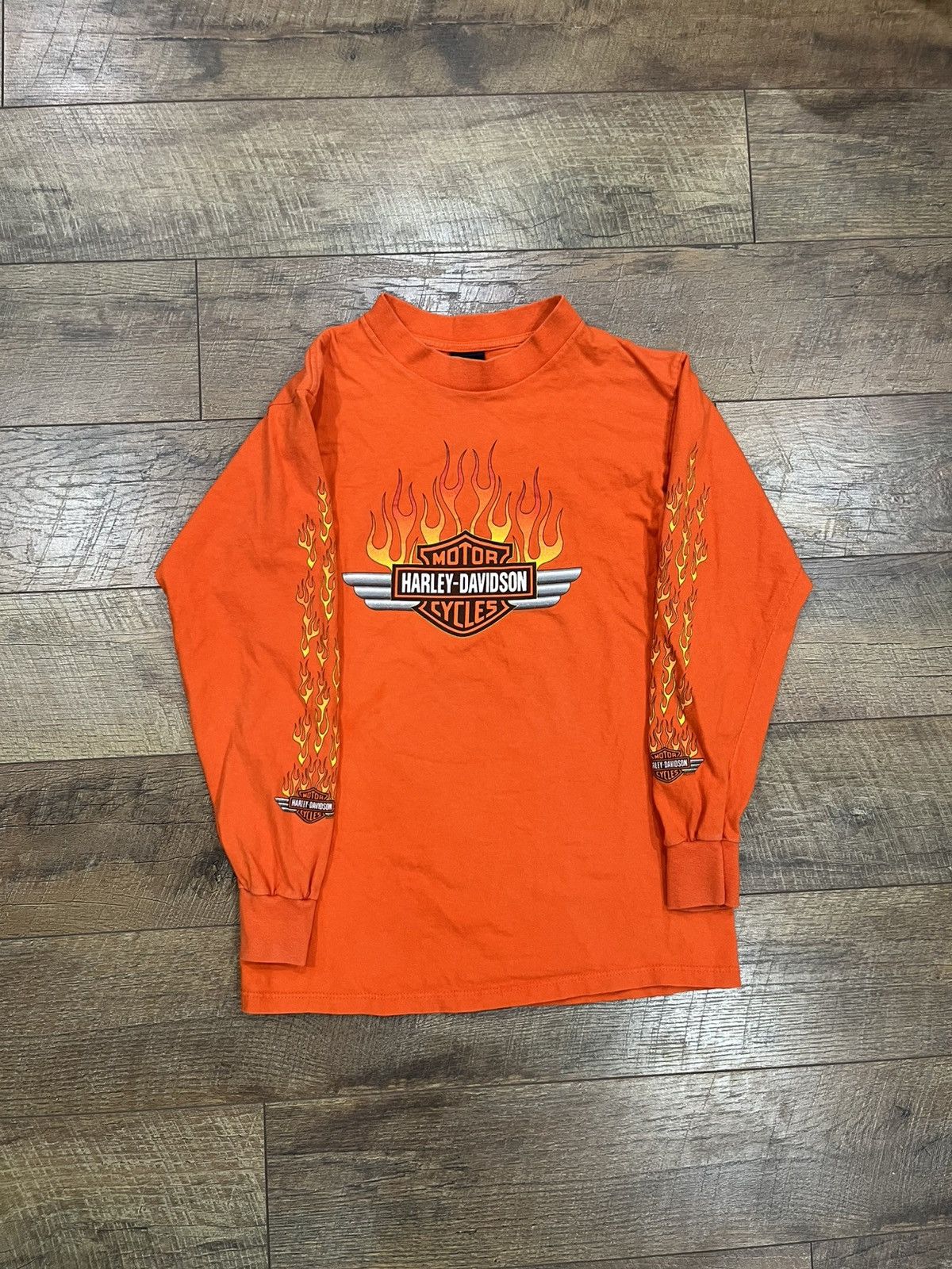 Vintage 90s Harley Davidson Flame Long Sleeve Tee Orange Med