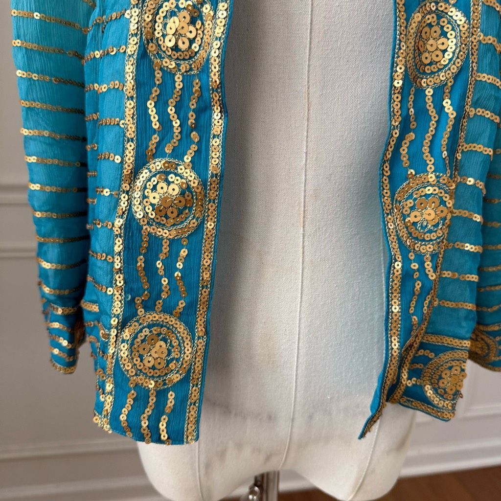 Trina Turk Trina Turk Turquoise Blue 100% Silk Gold Sequin Bolero Jacket 0 XS S Size XS / US 0-2 / IT 36-38 - 3 Thumbnail