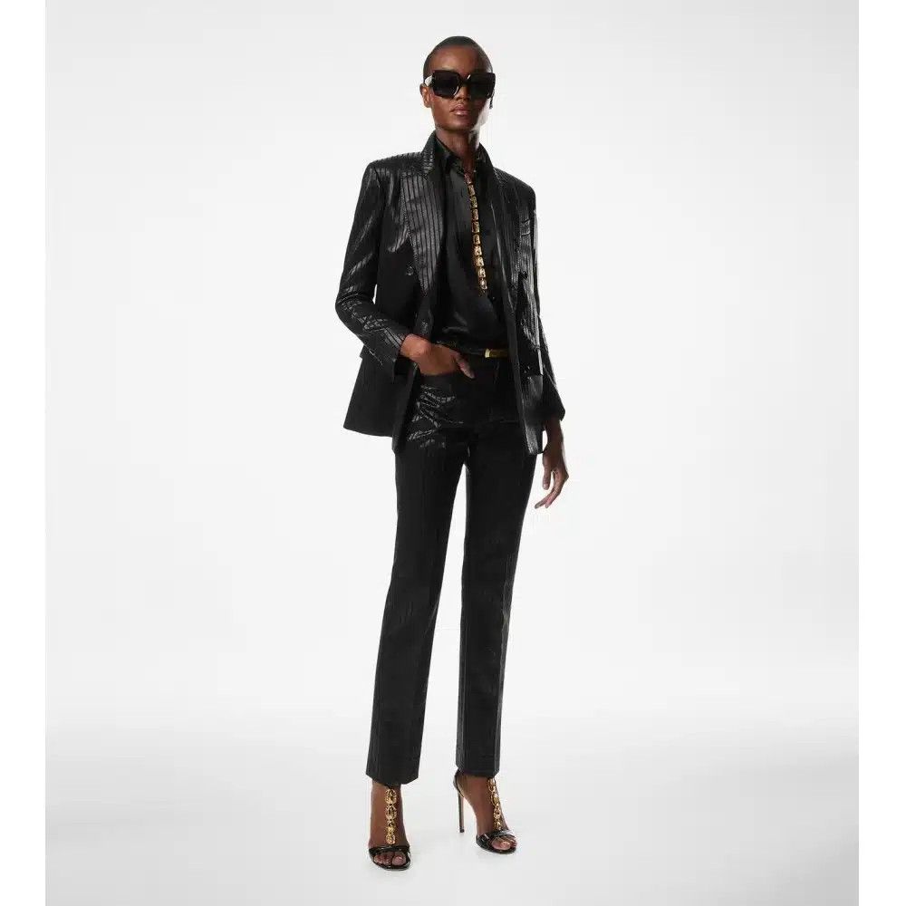 Tom Ford o1loc1c0325 PAW558 Lustrous Lurex Striped Wool Pant in Black Size 26" / US 2 / IT 38 - 2 Thumbnail