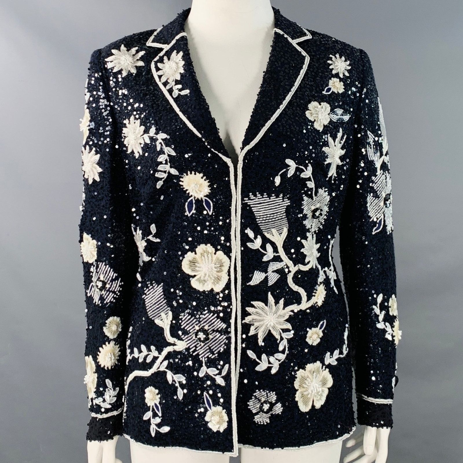L Navy Black White Sequined Beaded Floral Jacket Blazer