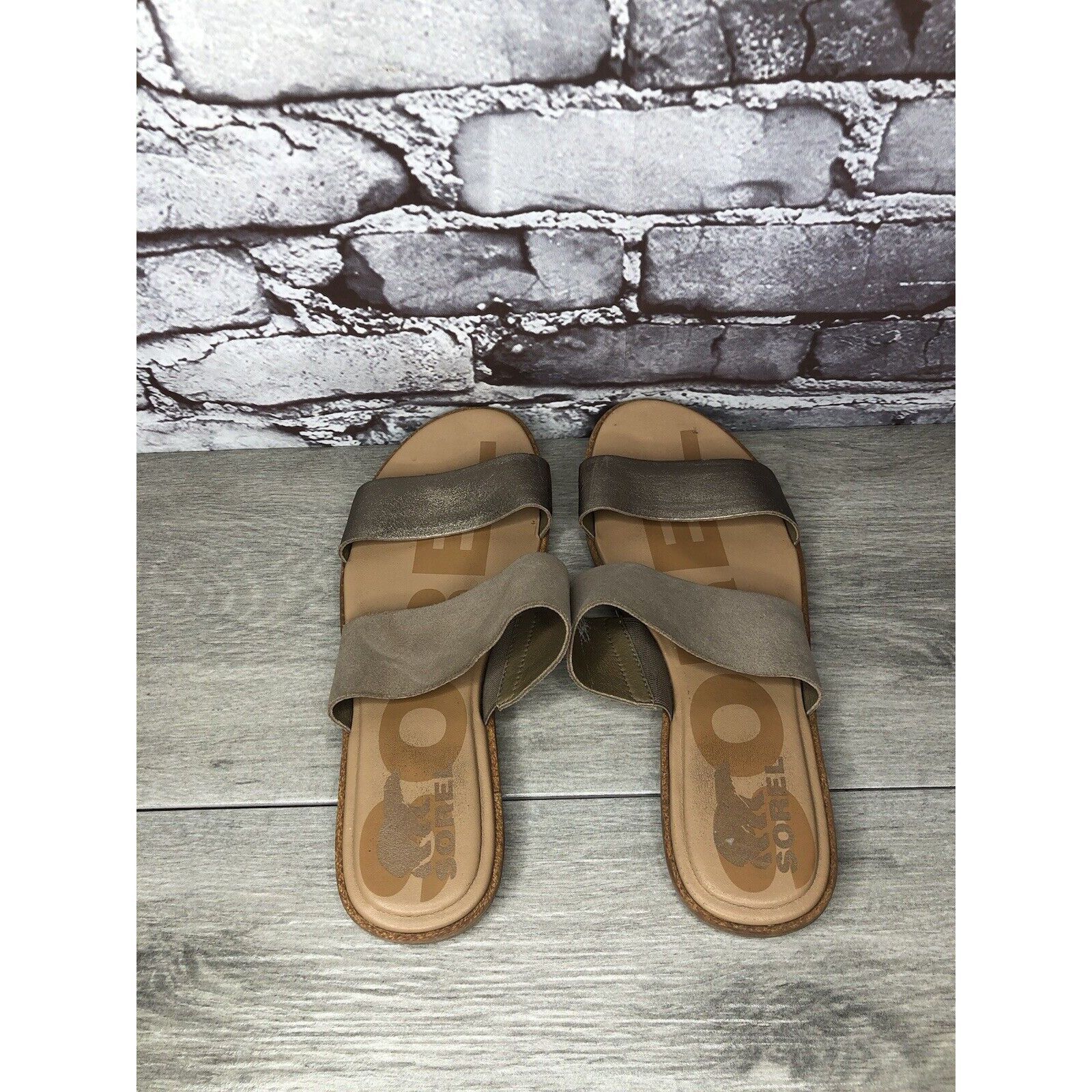 SOREL Sorel Taupe Suede Gold Leather Slides Sandals Women Sz 8.5M Size US 8.5 / IT 38.5 - 17 Thumbnail