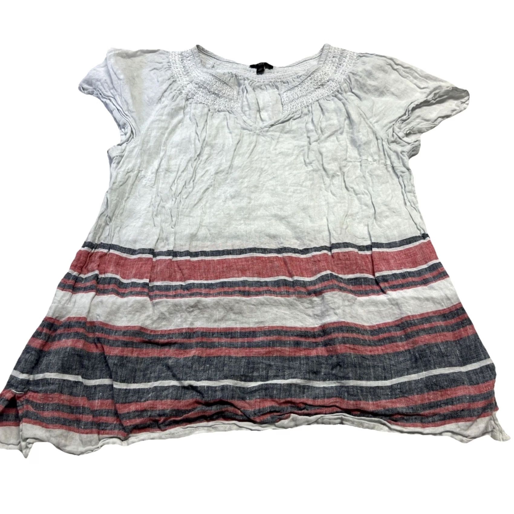 Talbots Talbots Blouse Shirt Linen 100% Stripe Hem V-Neck Short Sleeve Petite Medium Smocked Neck Summer Gray Womens Size M / US 6-8 / IT 42-44 - 2 Thumbnail
