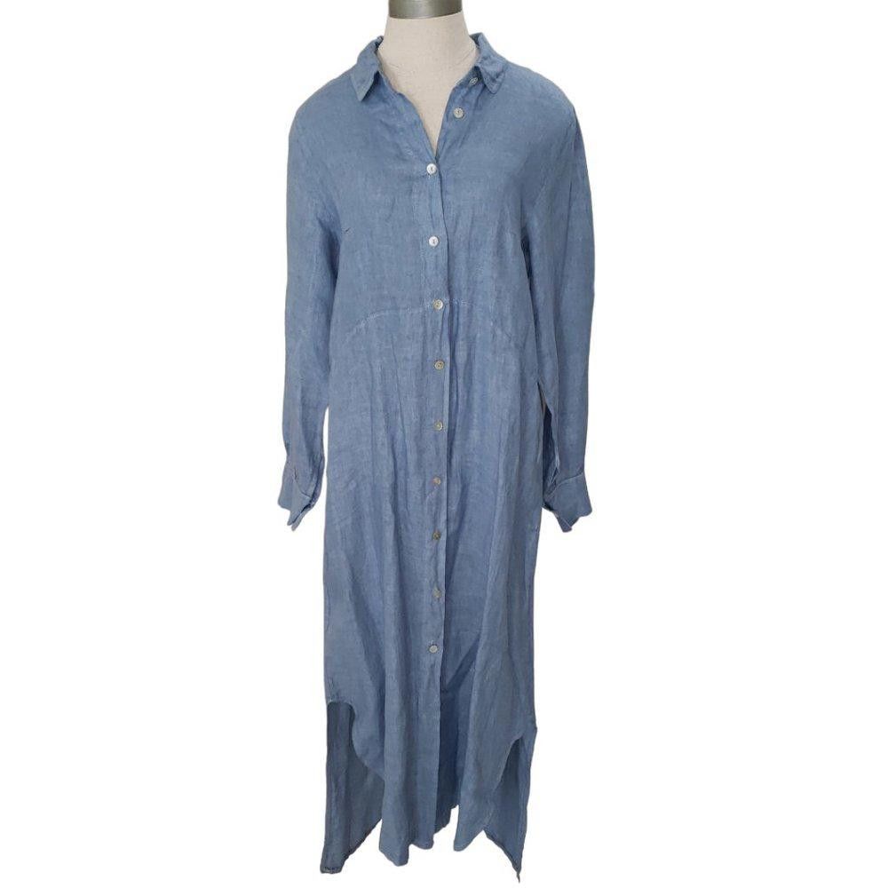 Designer CT517 Linen 100% Italian Blue Maxi Button Down Dress S/M Size S / US 4 / IT 40 - 1 Thumbnail