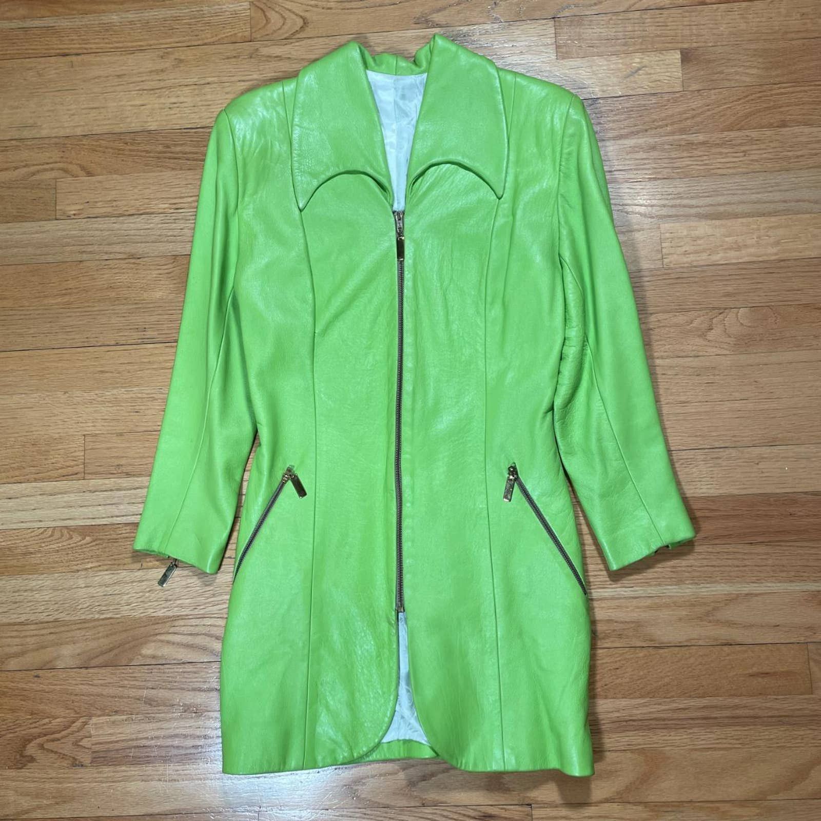 image of Vintage 70's Space Age Mod Retro Lime Green Leather Coat, Women's (Size Small)