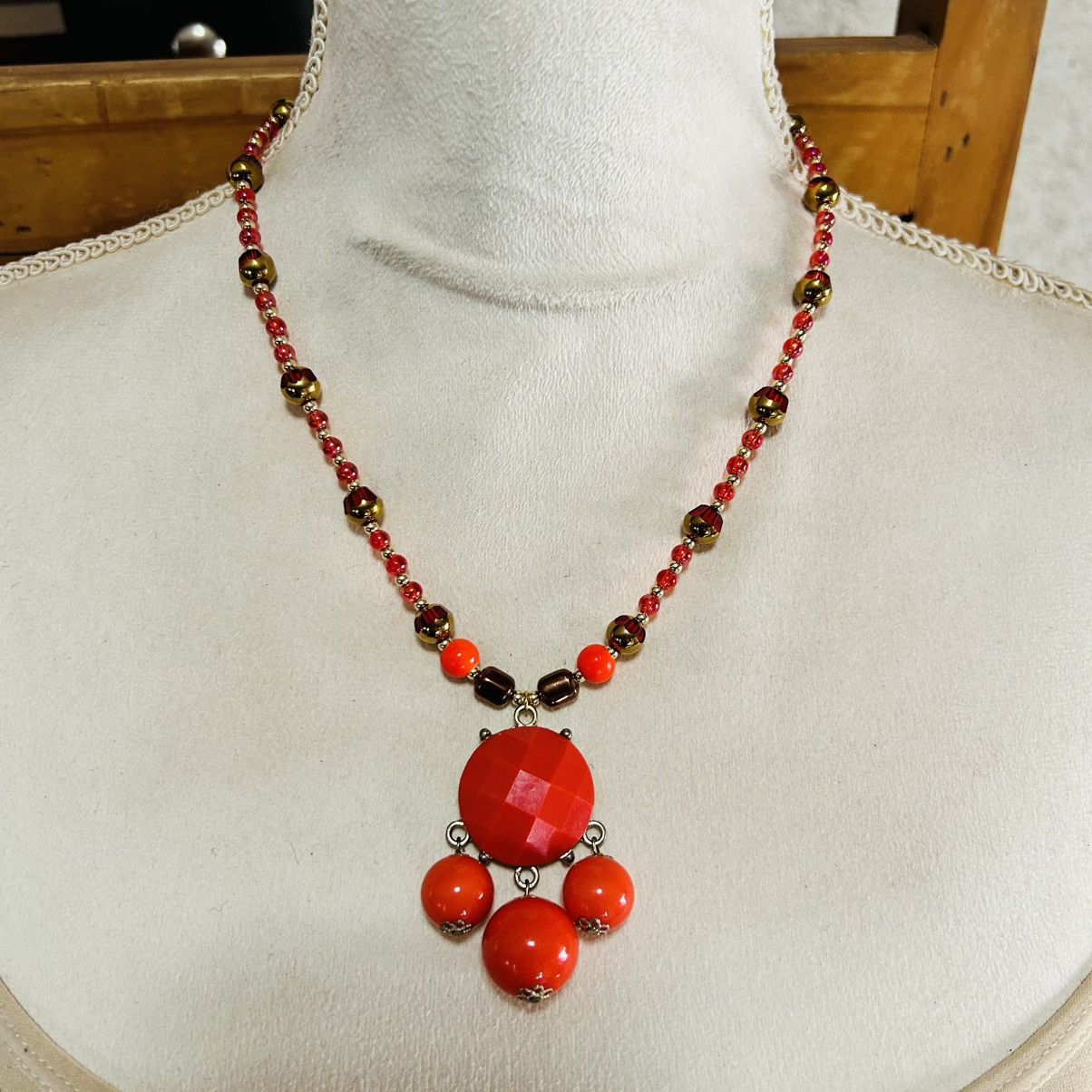 Handcrafted salamander orange dangle bead pendant necklace