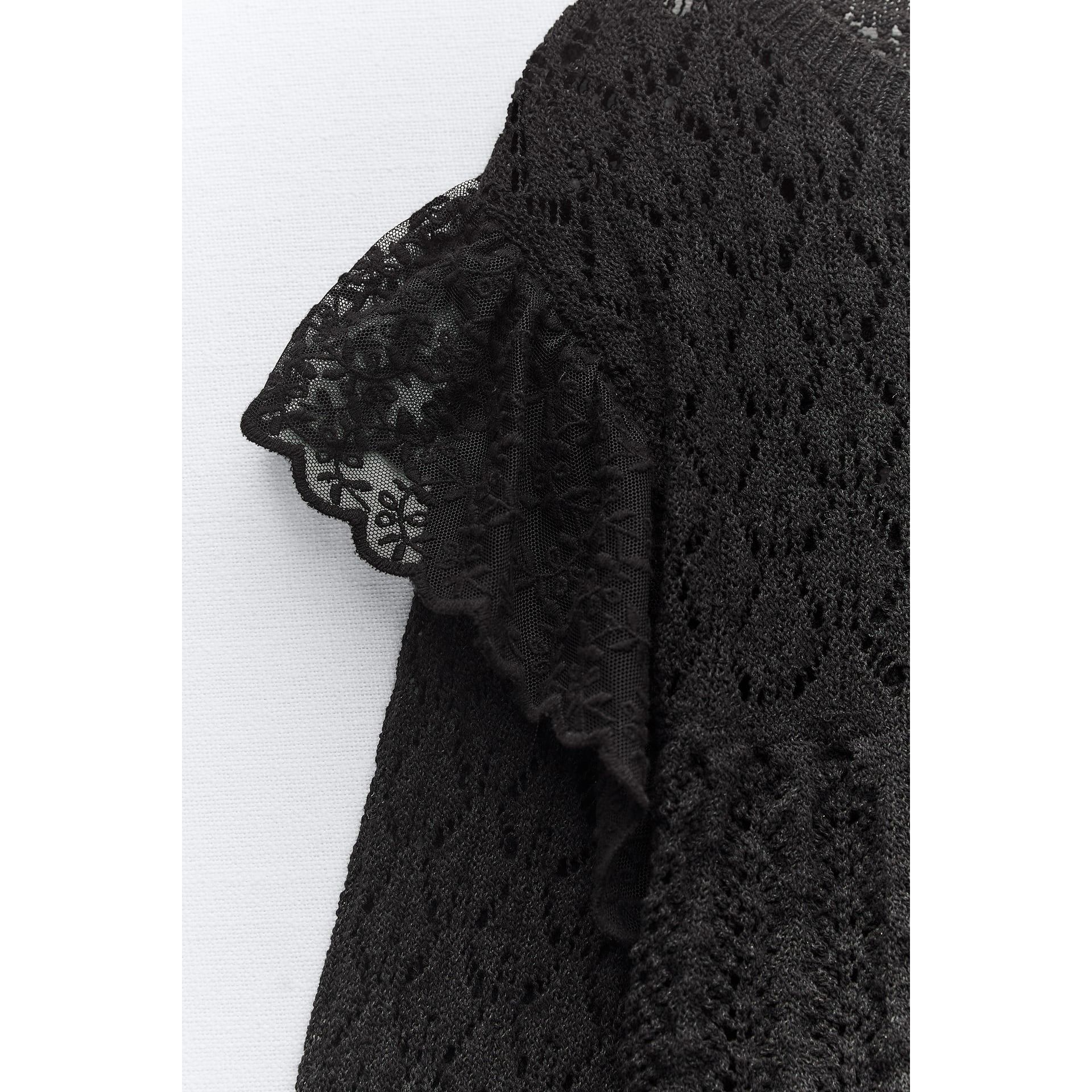 Zara Zara Black Pointelle Ruffle Long Sleeve Semi Crop Top Size S / US 4 / IT 40 - 7 Thumbnail