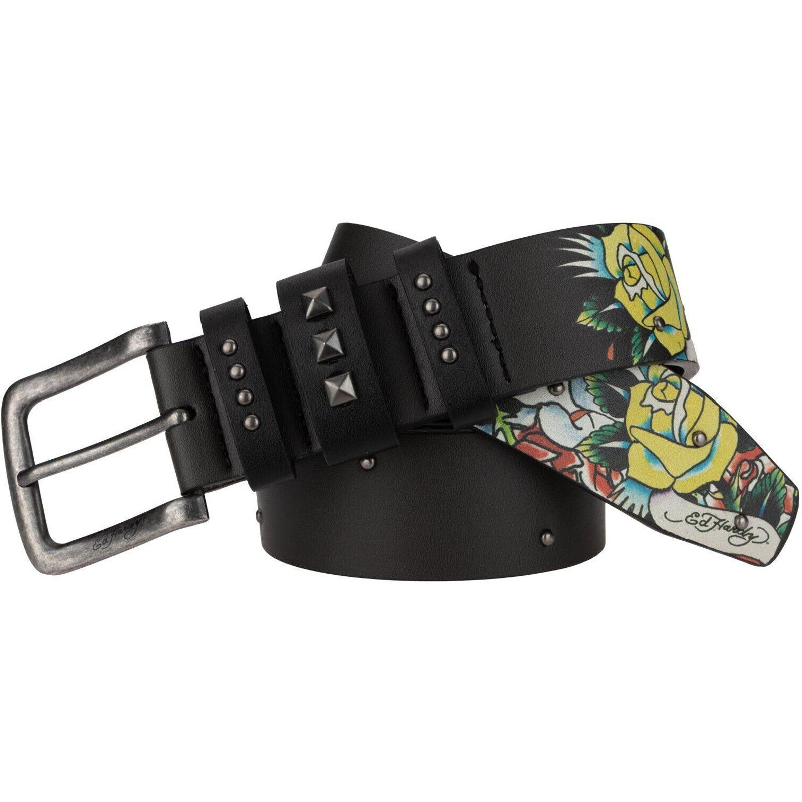 Ed Hardy Ed Hardy Men's Skull Rose Print Black Belt With Rivet Studs Size 32 - 1 Thumbnail