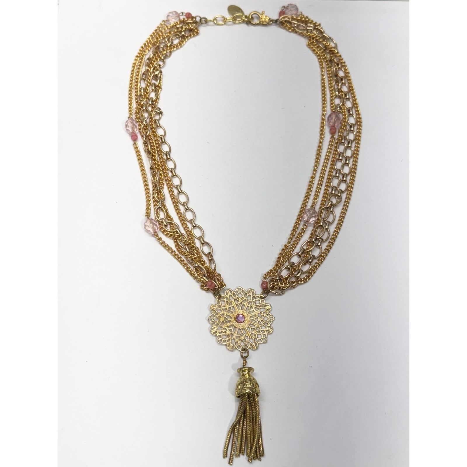 Vintage Vintage pink multi chain pink crystal filigree tassel neckla Size ONE SIZE - 1 Thumbnail