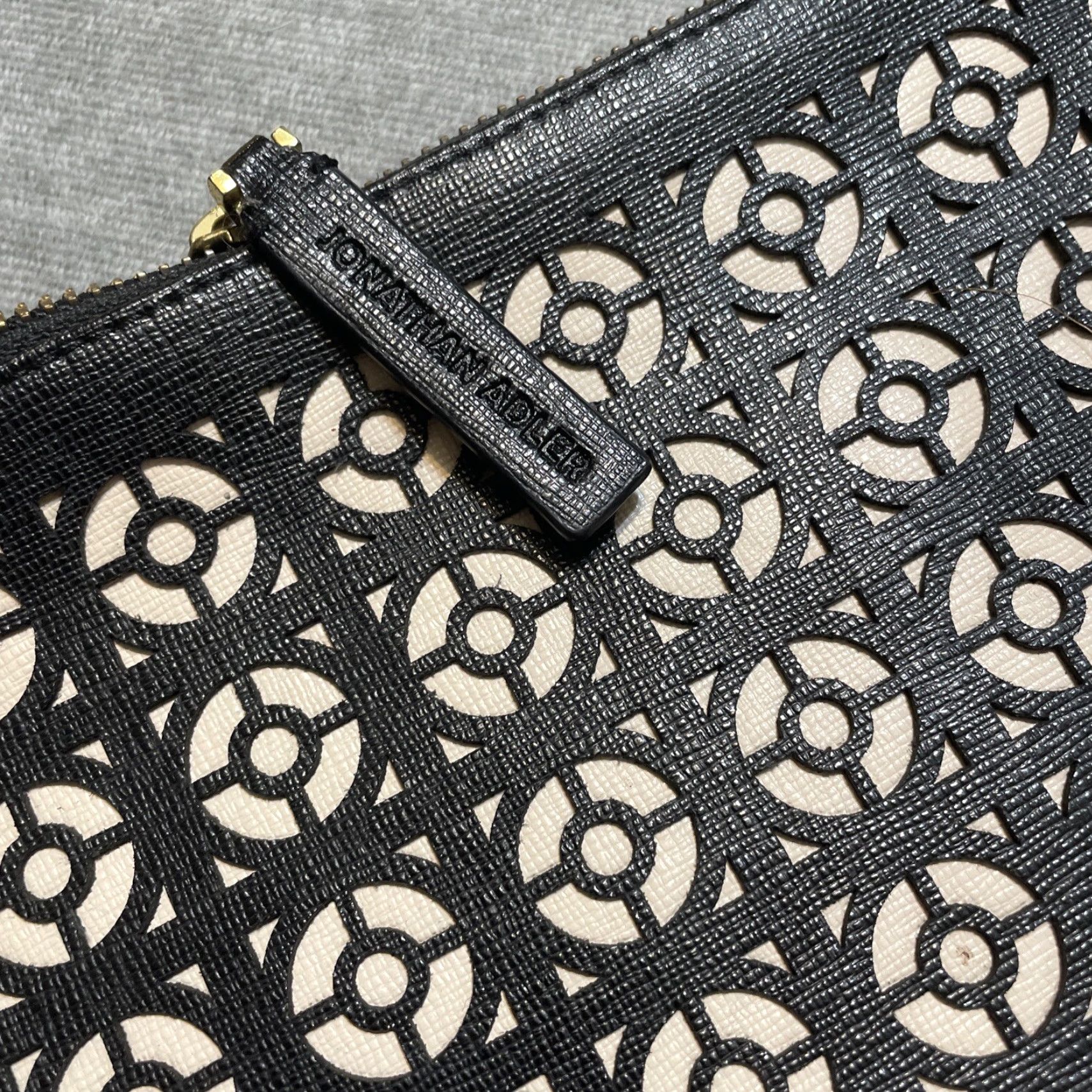 Vintage Jonathan Adler Clutch Women Medium Black Cream Laser Cut Geometric Faux Leather Modern Bag purse Size ONE SIZE - 3 Thumbnail