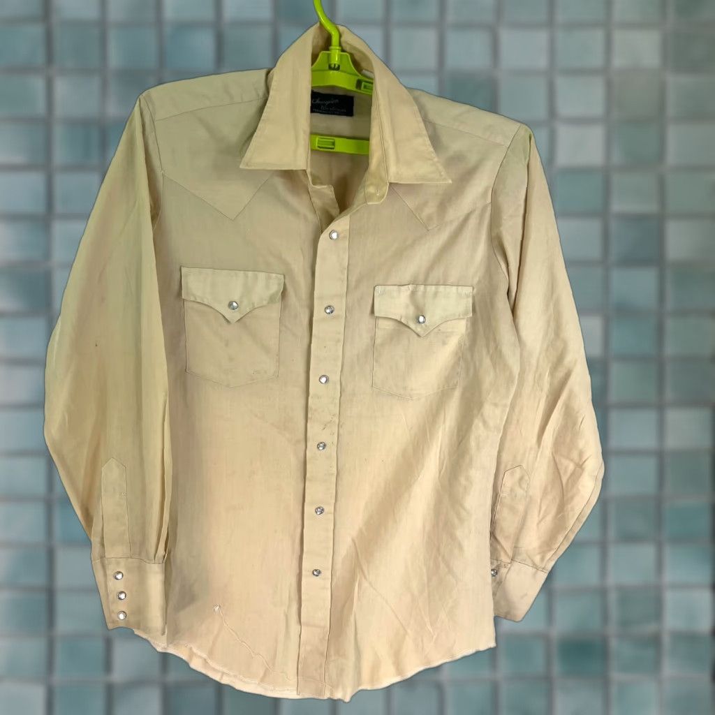Champion VINTAGE Champion Westerns Pearl Snap Shirt Mens SZ M Tan Beige Solid Long Sleeve Button-Up Pocketed Western Theme Mens Size US M / EU 48-50 / 2 - 1 Thumbnail