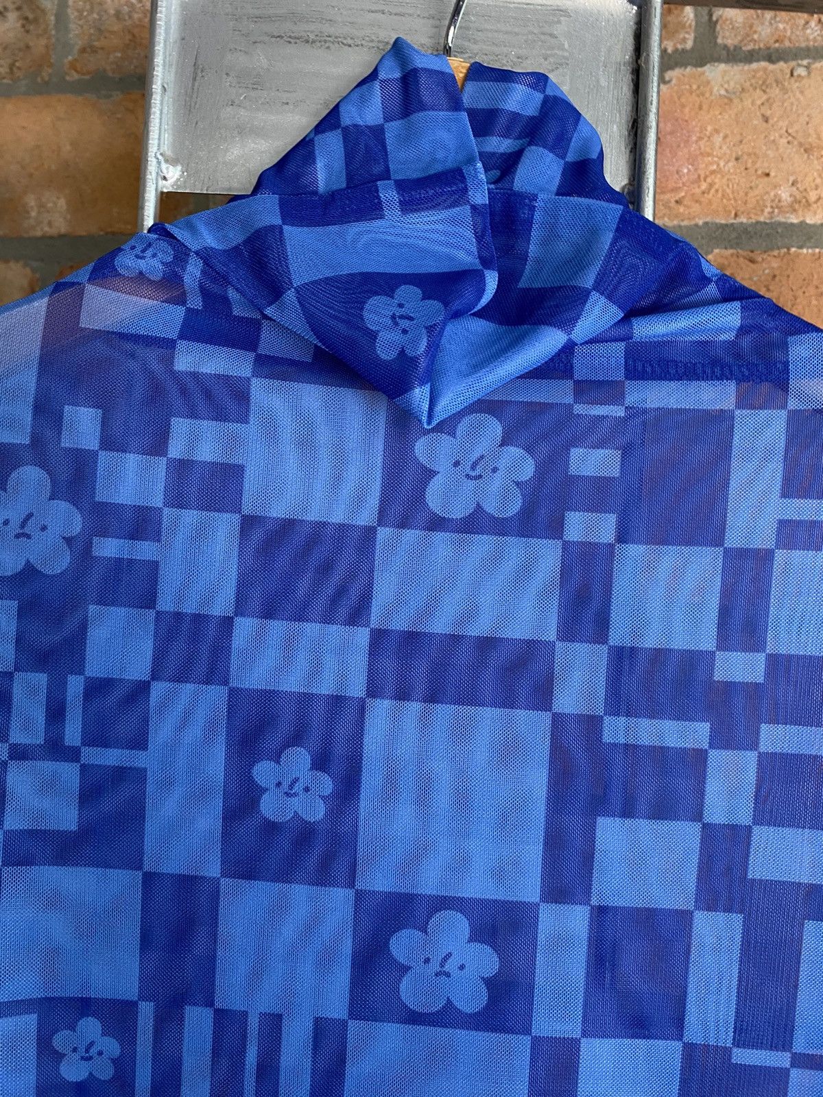 Japanese Brand Blue Sheer Checkered Floral Turtleneck Top Size S / US 4 / IT 40 - 4 Thumbnail