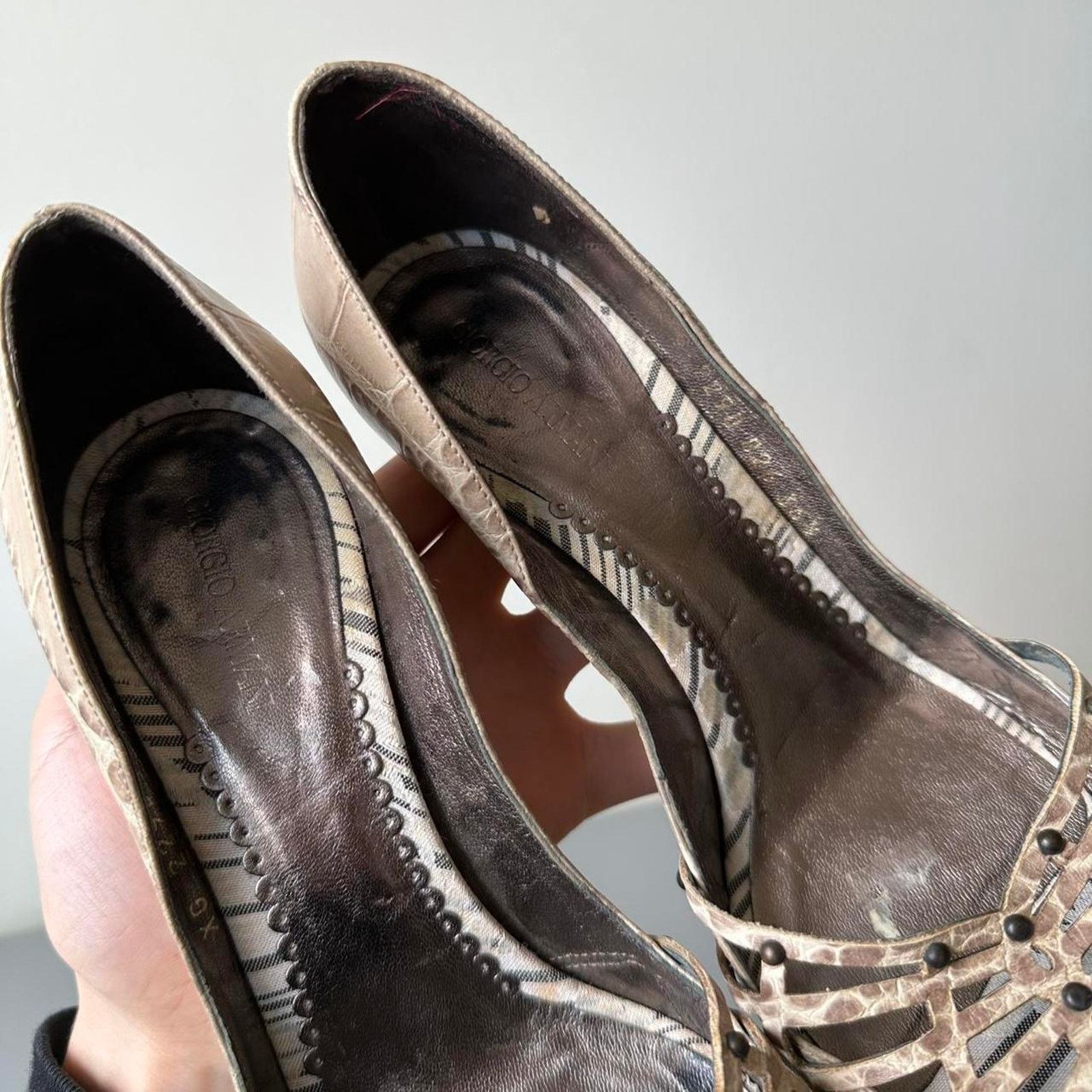 Giorgio Armani × Vintage Vintage GIORGIO ARMANI Tan Leather Peep-Toe Croc Heels/Pumps Size US 6.5 / IT 36.5 - 4 Thumbnail