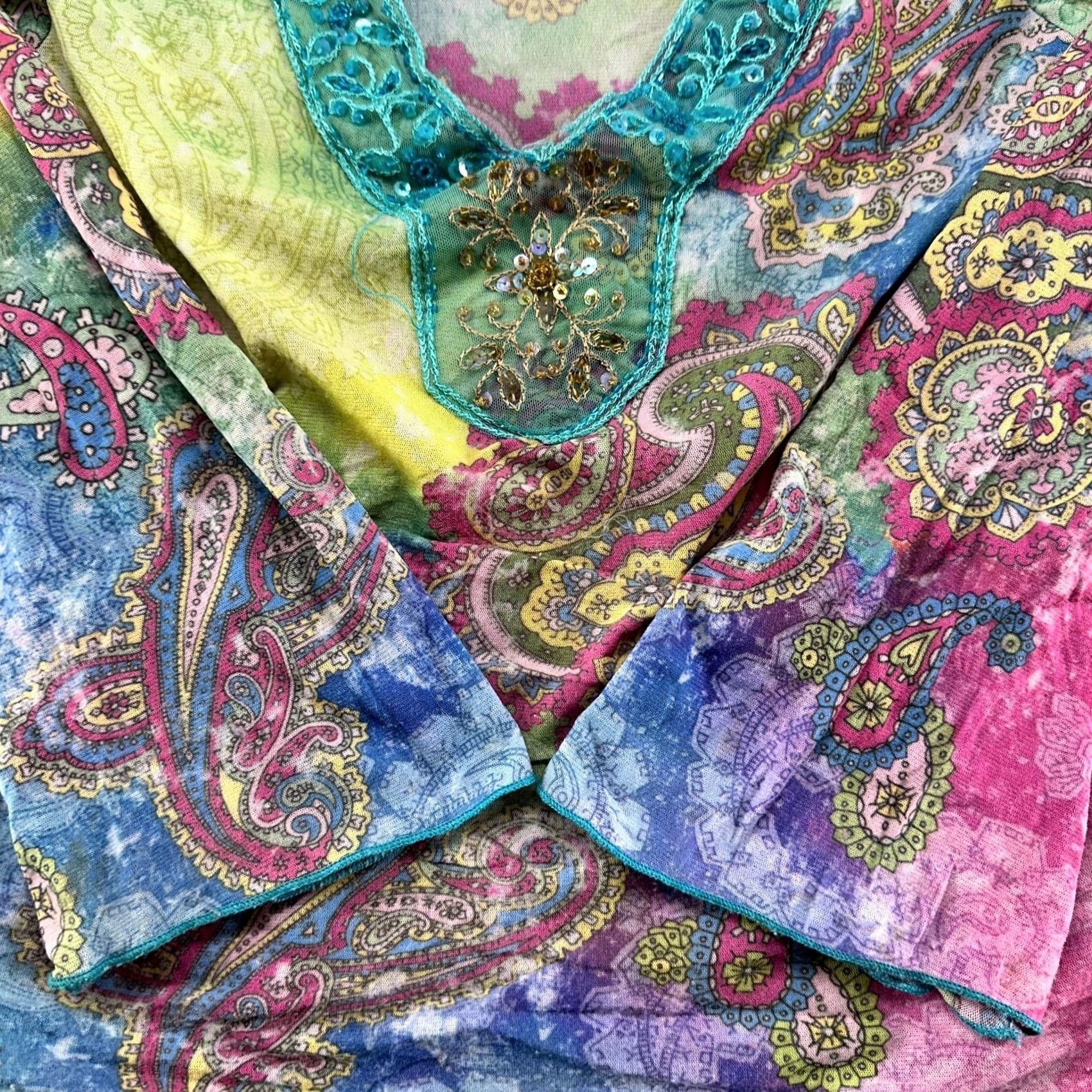 Boston Proper VINTAGE Boston Poper Top Women M Rainbow Paisley Leaf Flare Sleeve Boho USA Y2K Shirt XS? Size M / US 6-8 / IT 42-44 - 3 Thumbnail