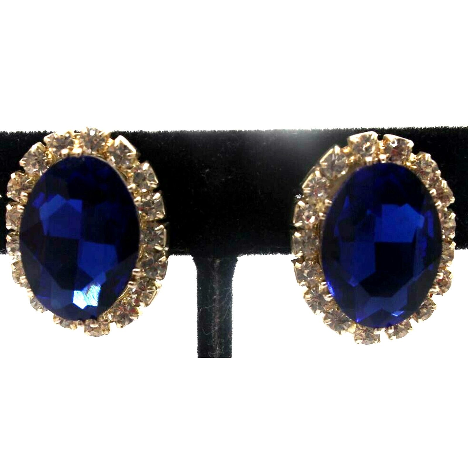 Other Oval Sapphire Blue Earrings Prong-Set Rhinestones 1" Pierced Size ONE SIZE - 2 Thumbnail