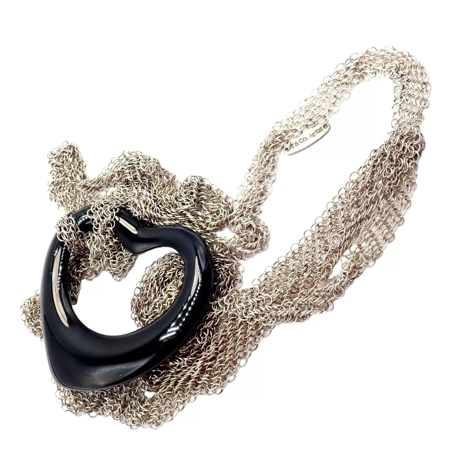 Tiffany & Co. Tiffany & Co Silver Open Onyx Heart Pendant 28" Necklace Size ONE SIZE - 10 Thumbnail
