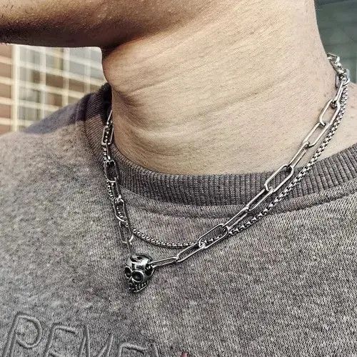Vintage Double Layered Stainless Steel Skull Chain Necklace Size ONE SIZE - 3 Thumbnail