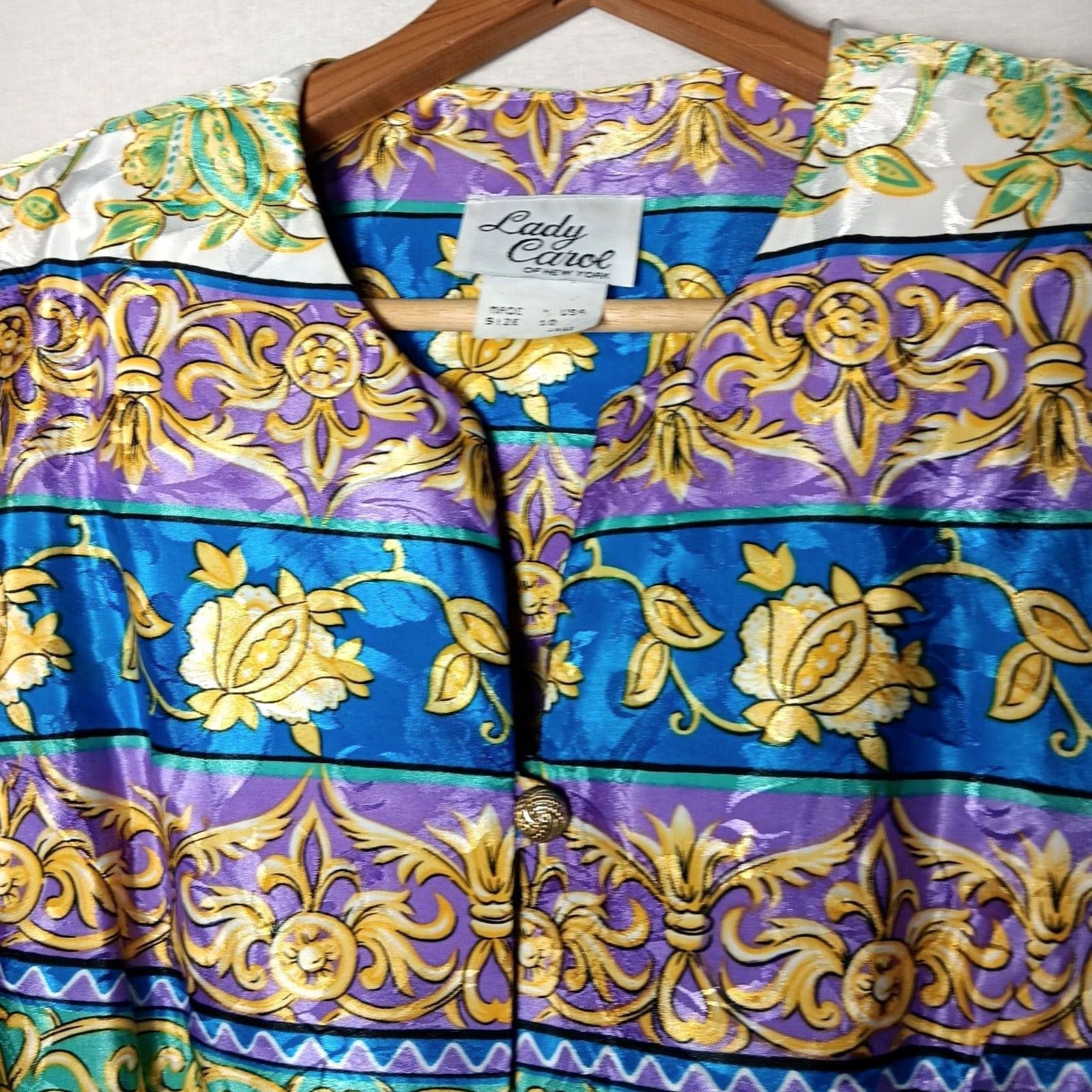 Vintage VINTAGE Lady Carol Of New York Skirt Shirt Set 10 Blue Gold Button Floral Shimm Size L / US 10 / IT 46 - 5 Thumbnail