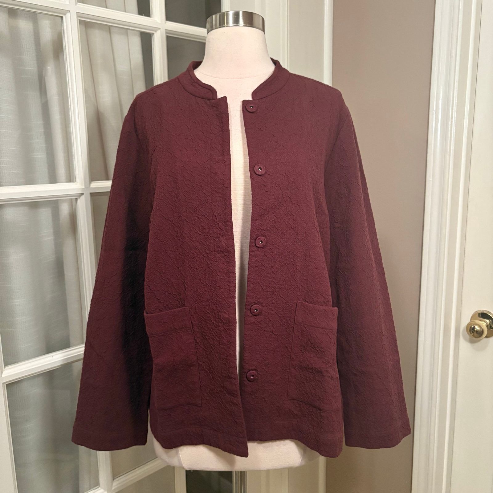 Eileen Fisher Eileen Fisher Organic Cotton Textured Jacket Burgundy Small Size S / US 4 / IT 40 - 1 Thumbnail