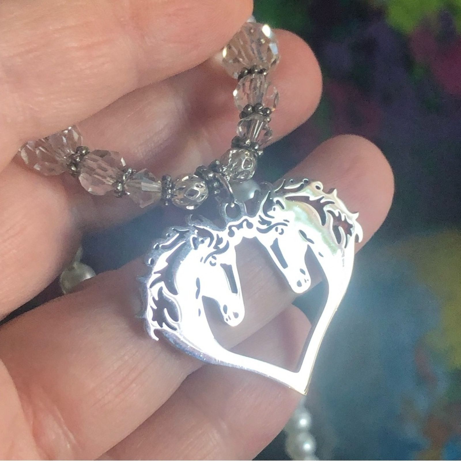 Handmade Handcrafted repurpose shiny silver horse love Pearl necklac Size ONE SIZE - 9 Thumbnail