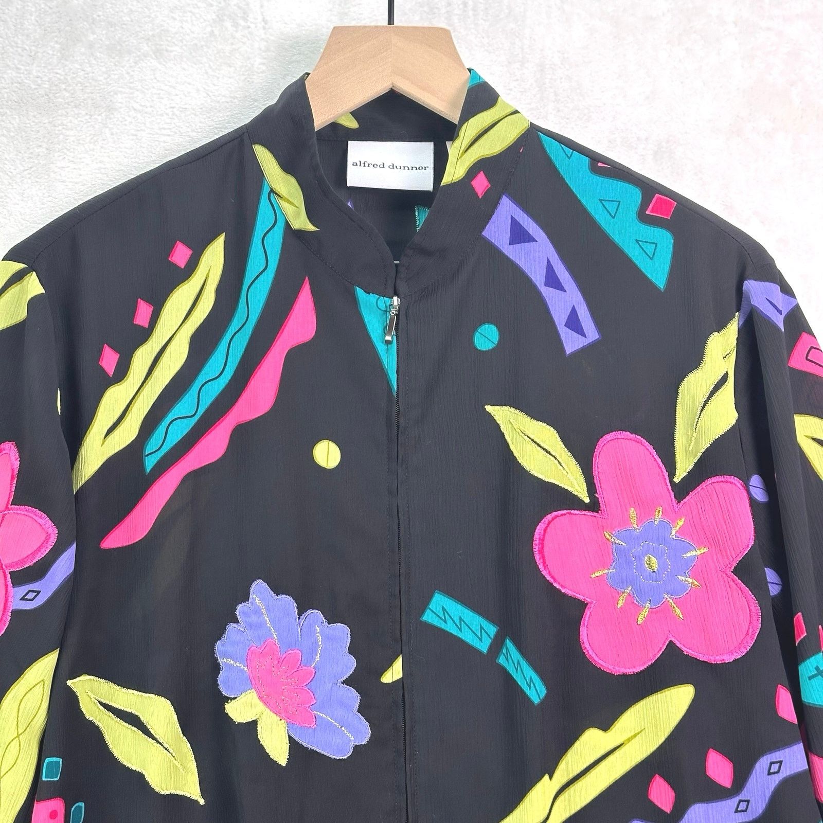 Other ALFRED DUNNER 90s Retro Black Neon Floral Sheer Zip Jacket Size XL / US 12-14 / IT 48-50 - 2 Thumbnail