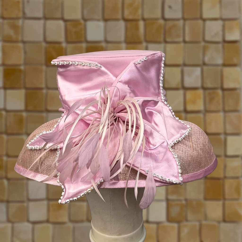 Elite Champagne Top Hat & Box Womens Pink Satin Rhinestone Feathers Derby Church VINTAGE Elite CHAMPAGNE Hat Womens Pink Wide Brim Satin Bow  main image 4