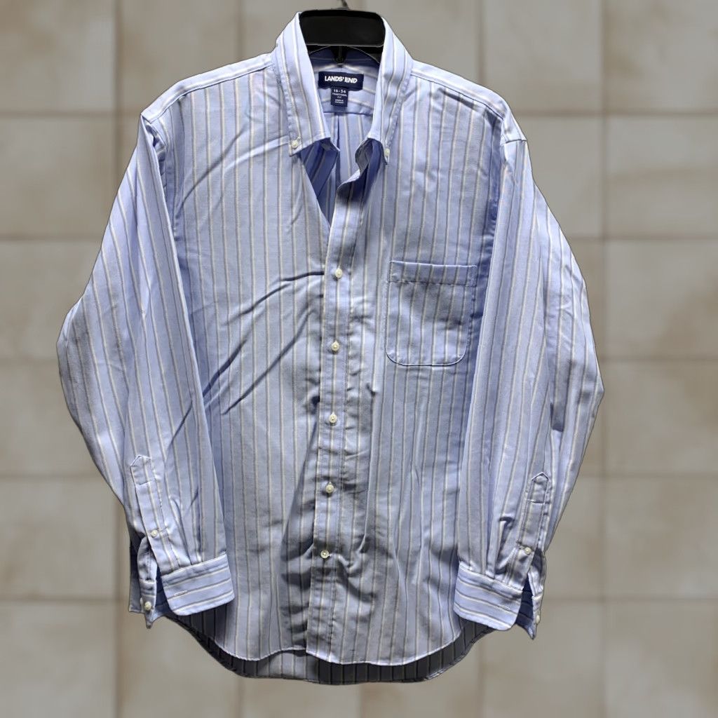 Lands' End Lands' End Shirt Mens Adult Large 16 Blue Striped Button Up Casual Cotton Long Sleeve Collar Down Button-Up Size US L / EU 52-54 / 3 - 1 Thumbnail