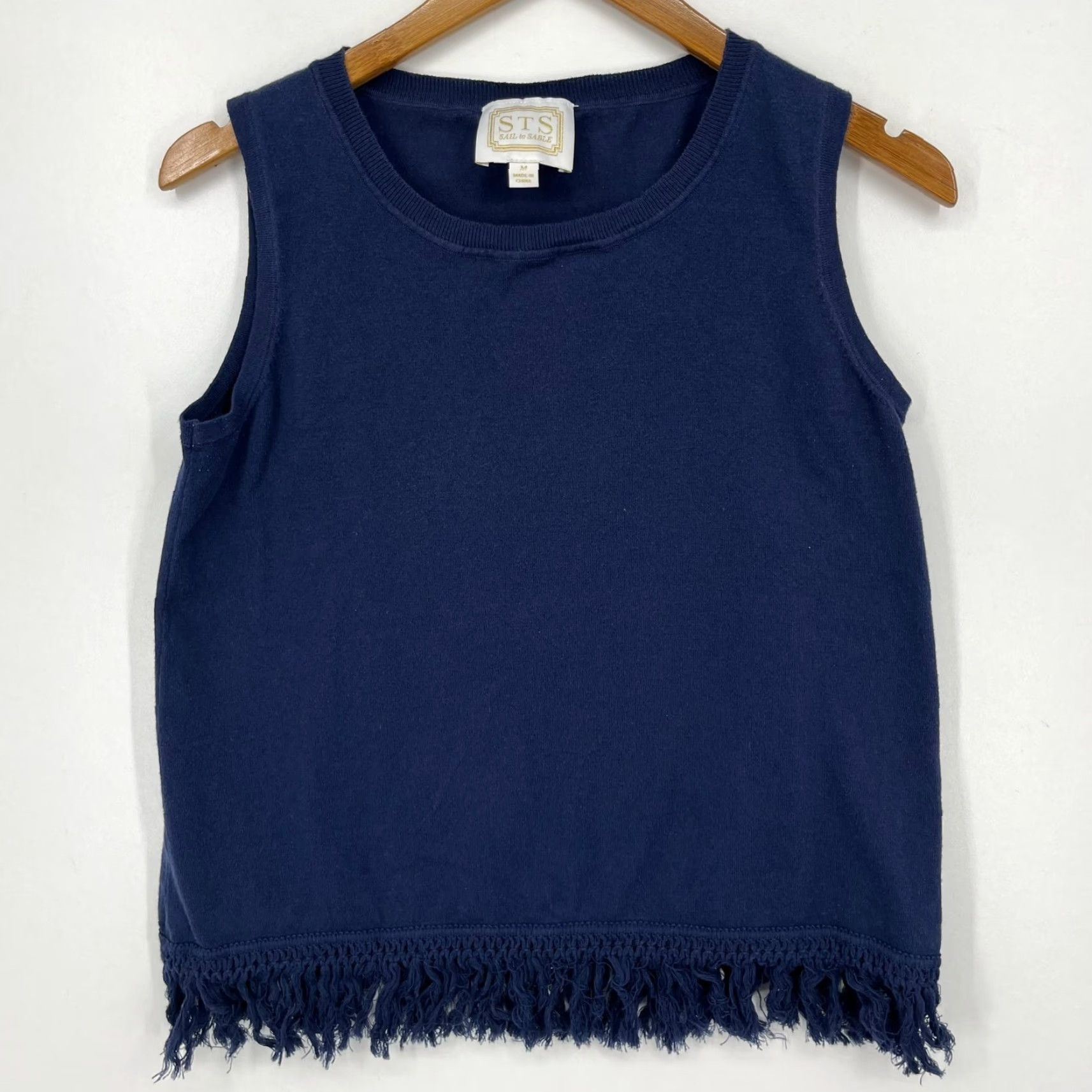 Vintage Sail to Sable Tank Women's M Navy Blue Sleeveless Fringe Solid Shirt Size M / US 6-8 / IT 42-44 - 2 Thumbnail