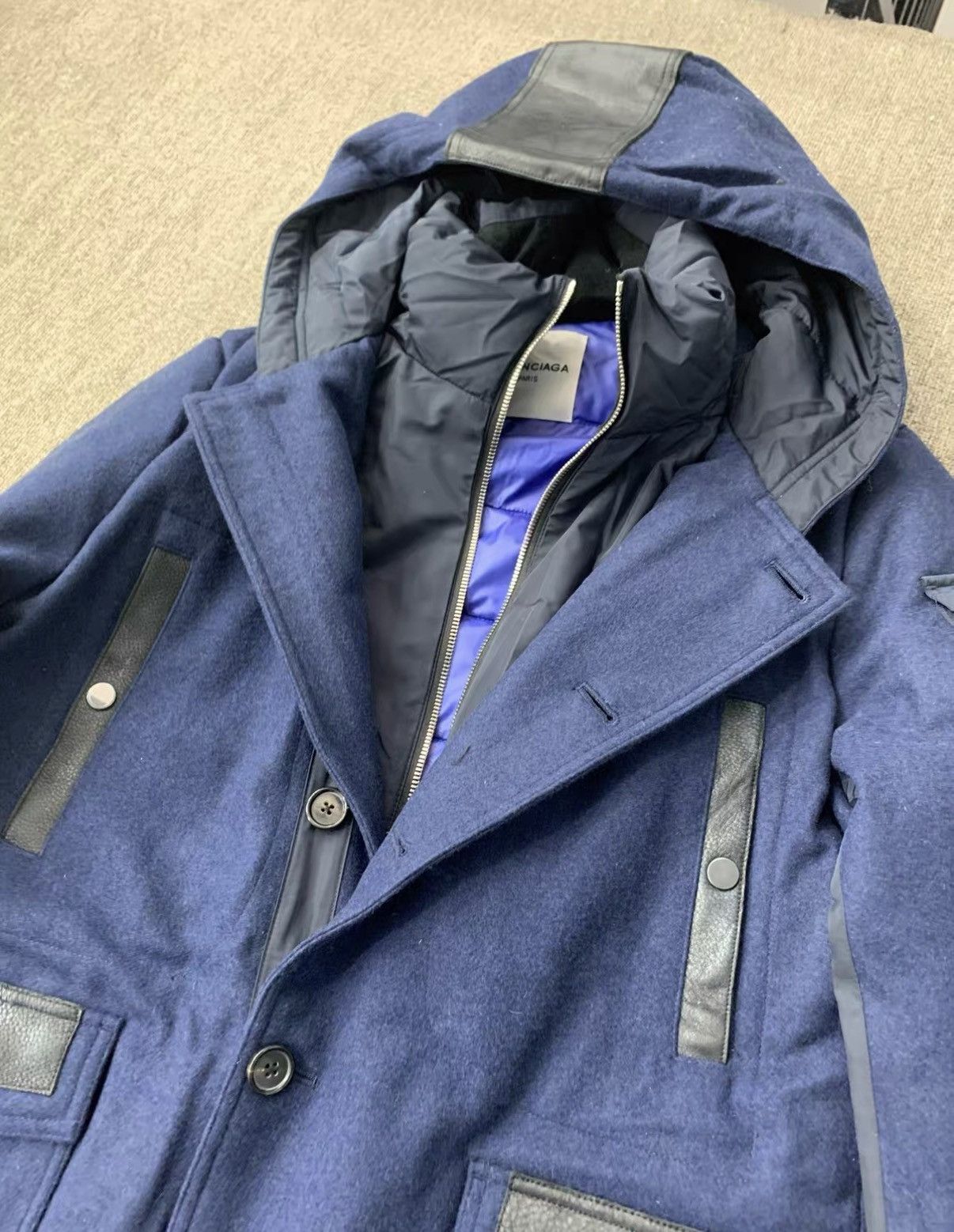Balenciaga BALENCIAGA Blue Wool Coat with Calfskin Panels Size US XL / EU 56 / 4 - 3 Thumbnail