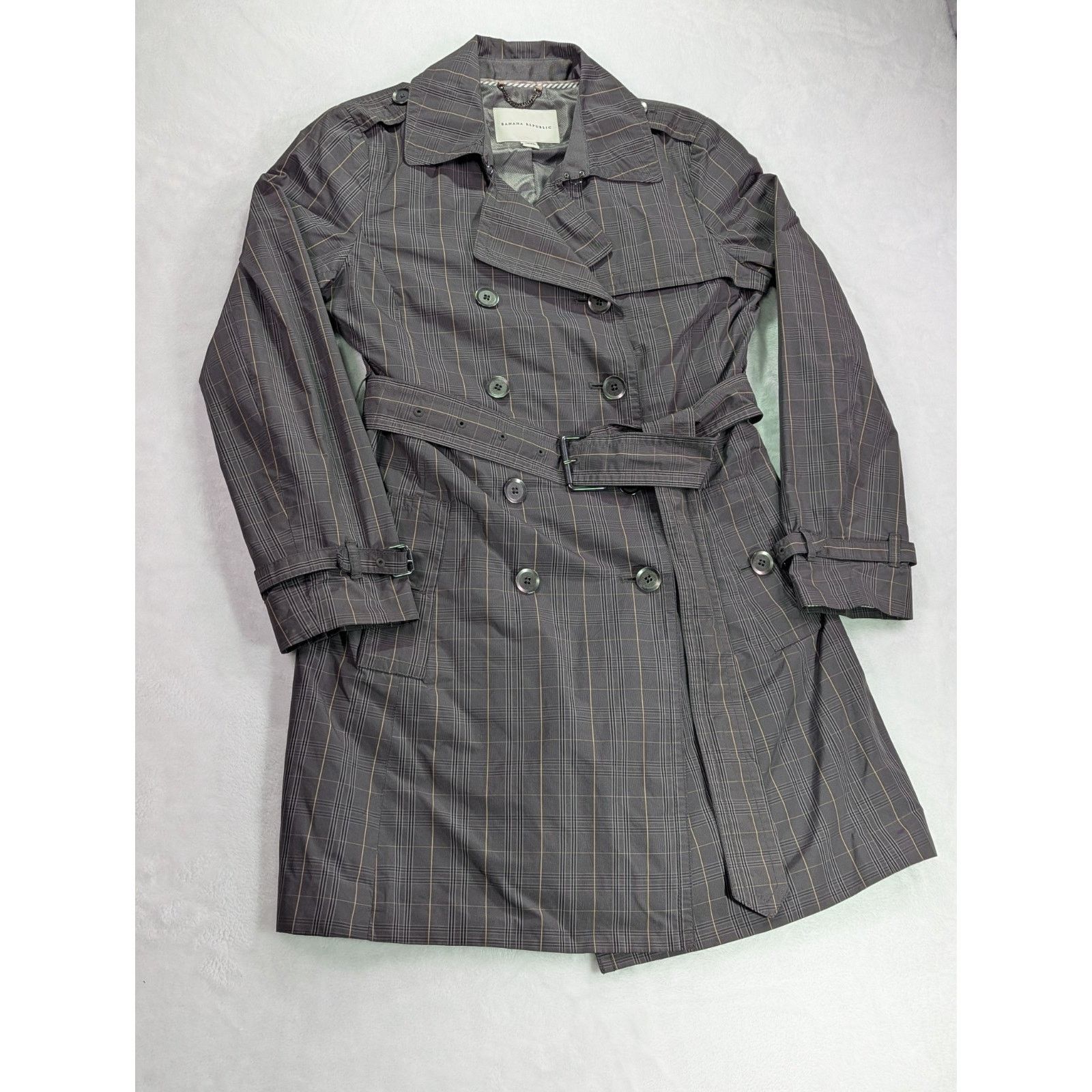 Banana Republic Trench Coat S Petite Gray Plaid Check Double Breasted Belted Size S / US 4 / IT 40 - 2 Thumbnail