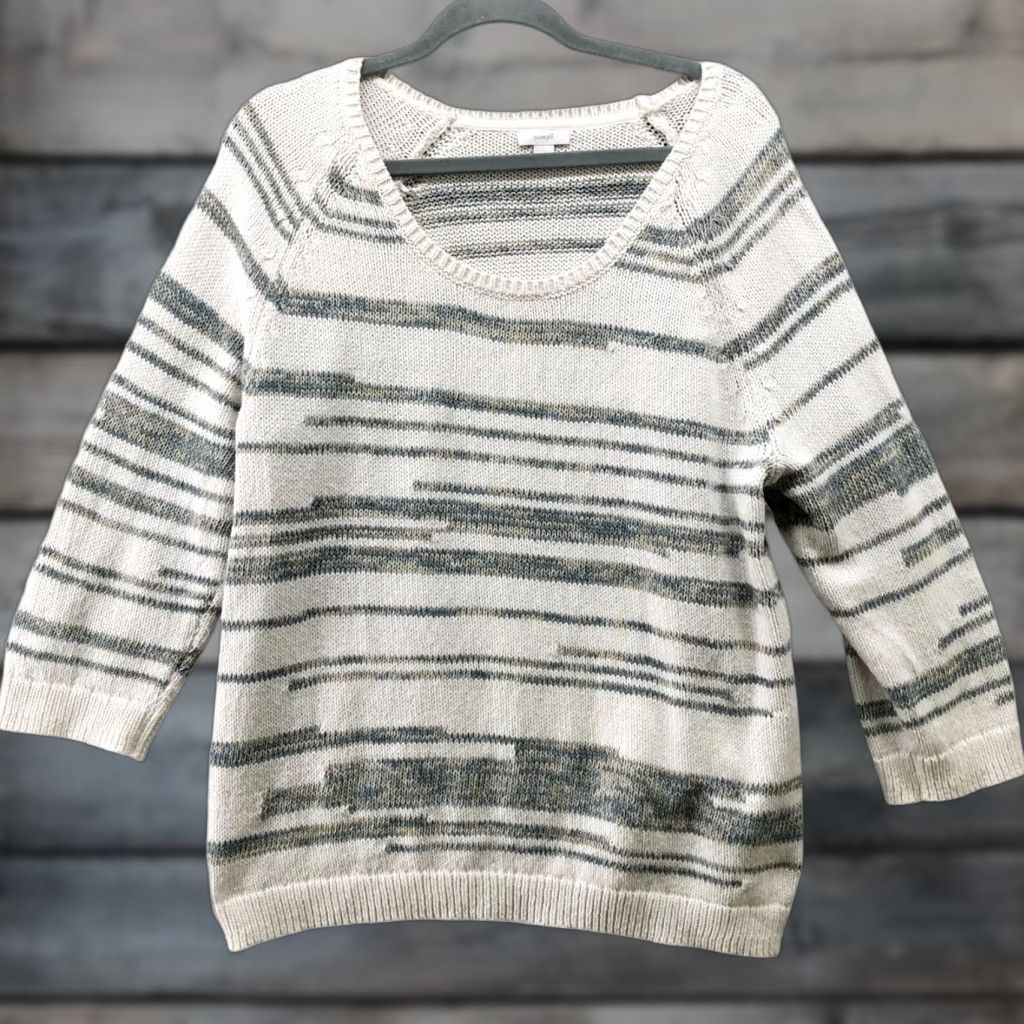 J. Jill VINTAGE J. Jill Cotton Sweater Womens M Scoop Neck Knit White Gray Stripe Pullover Size M / US 6-8 / IT 42-44 - 1 Thumbnail