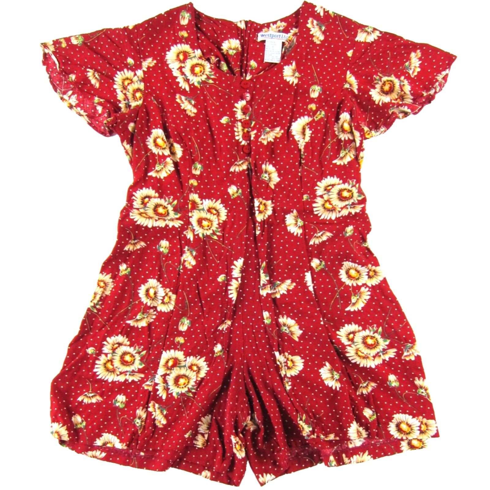 Vintage VTG Westport Ltd. 100% Rayon Red Floral Pocket Jumpsuit Romper Shorts 12 Womens Size 34" / US 12 / IT 48 - 2 Thumbnail