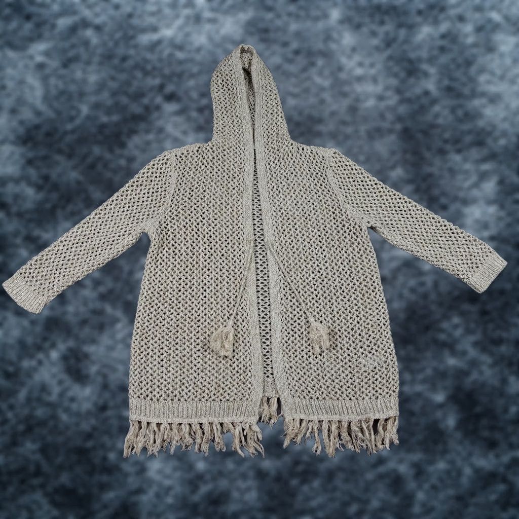 J. Jill J. Jill Cardigan Sweater Womens Medium Beige Open Knit Hood Fringe Bohemian Tasseled Size M / US 6-8 / IT 42-44 - 1 Thumbnail