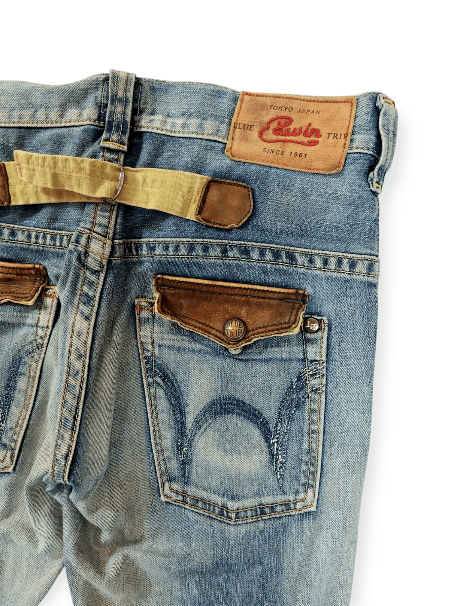 Edwin Flare💥 90's Edwin Blue Trip Tokyo Japan Buckle Back Denim Size US 33 - 16 Thumbnail