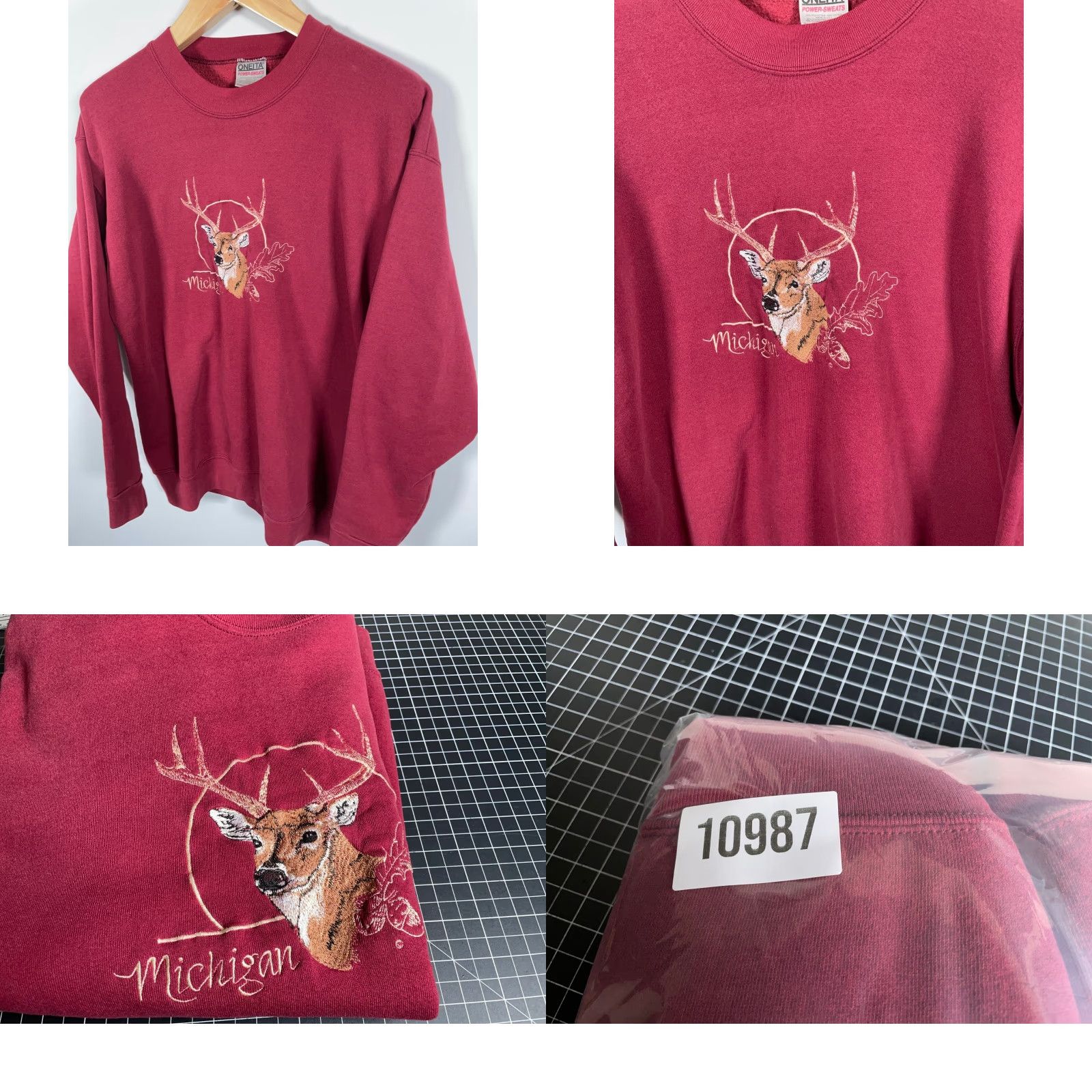 Vintage VINTAGE Oneita Michigan Sweatshirt Men XL Dark Red Embroidered Deer Crewneck Heavyweight Cotton Blend Fleece 90s Size US XL / EU 56 / 4 - 8 Thumbnail