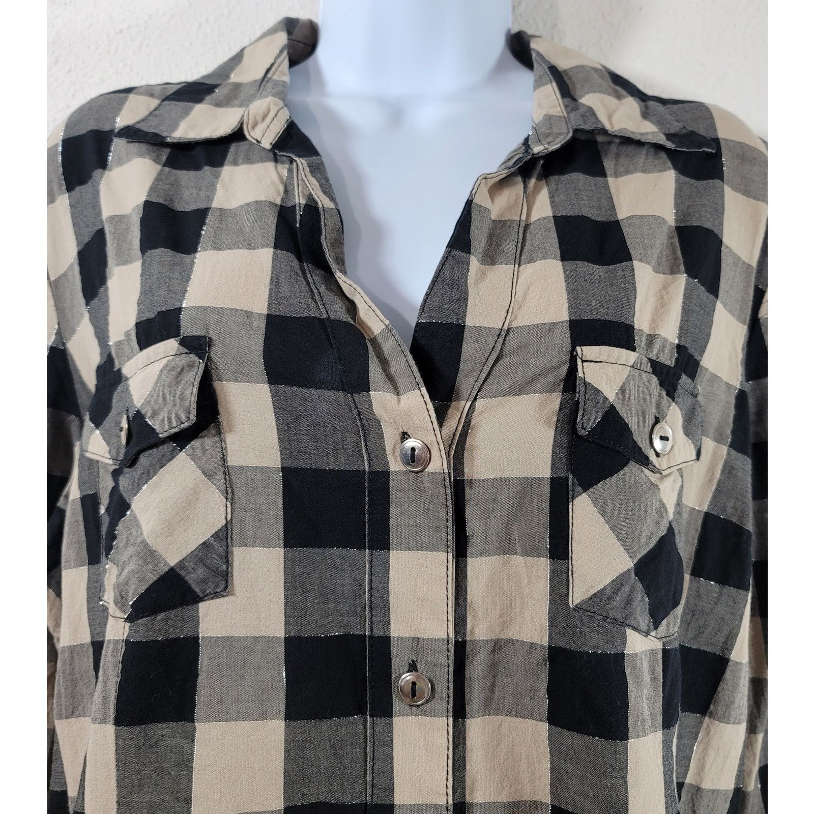 Other Cato Black Tan Silver Metallic Check Button Top XL Size XL / US 12-14 / IT 48-50 - 5 Thumbnail