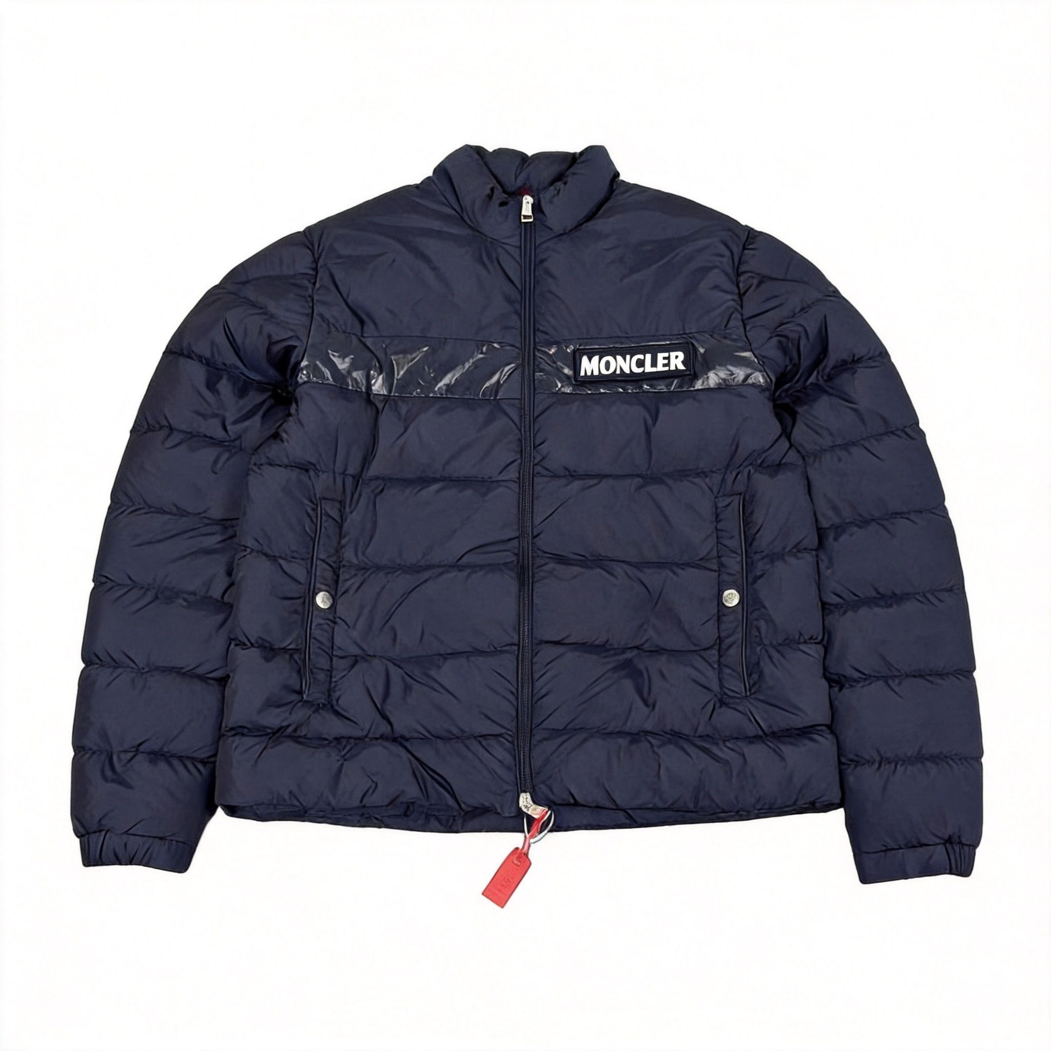 Moncler Navy Letter Logo Stand Collar Down Jacket/ in Blue, Men's