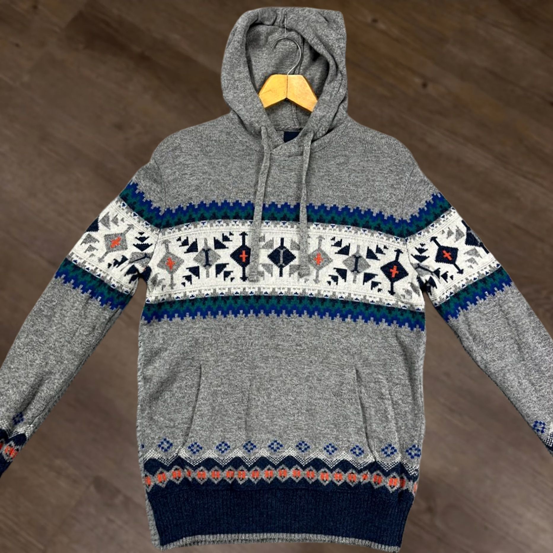 Vintage American Eagle Hoodie Sweater Mens Medium Gray Wool Blend Aztec Southwestern Knitted Pullover Hooded Knit Pattern Aztec Shirt Sweatshirt Courtroom? Size US M / EU 48-50 / 2 - 1 Thumbnail