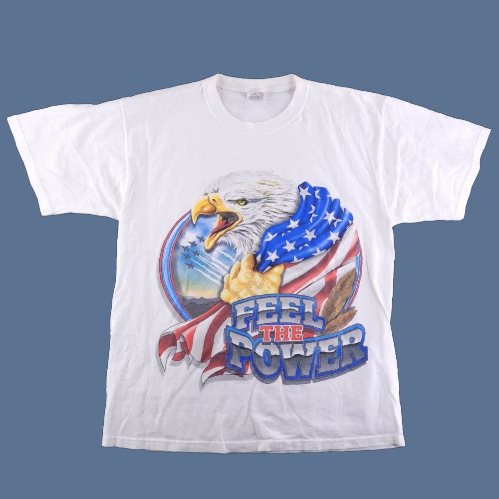 Fruit Of The Loom Fruit of the Loom Shirt Mens Large White Crew Neck Short Sleeve Vintage Lofteez Graph American Eagle All over (95s) Size US L / EU 52-54 / 3 - 1 Thumbnail