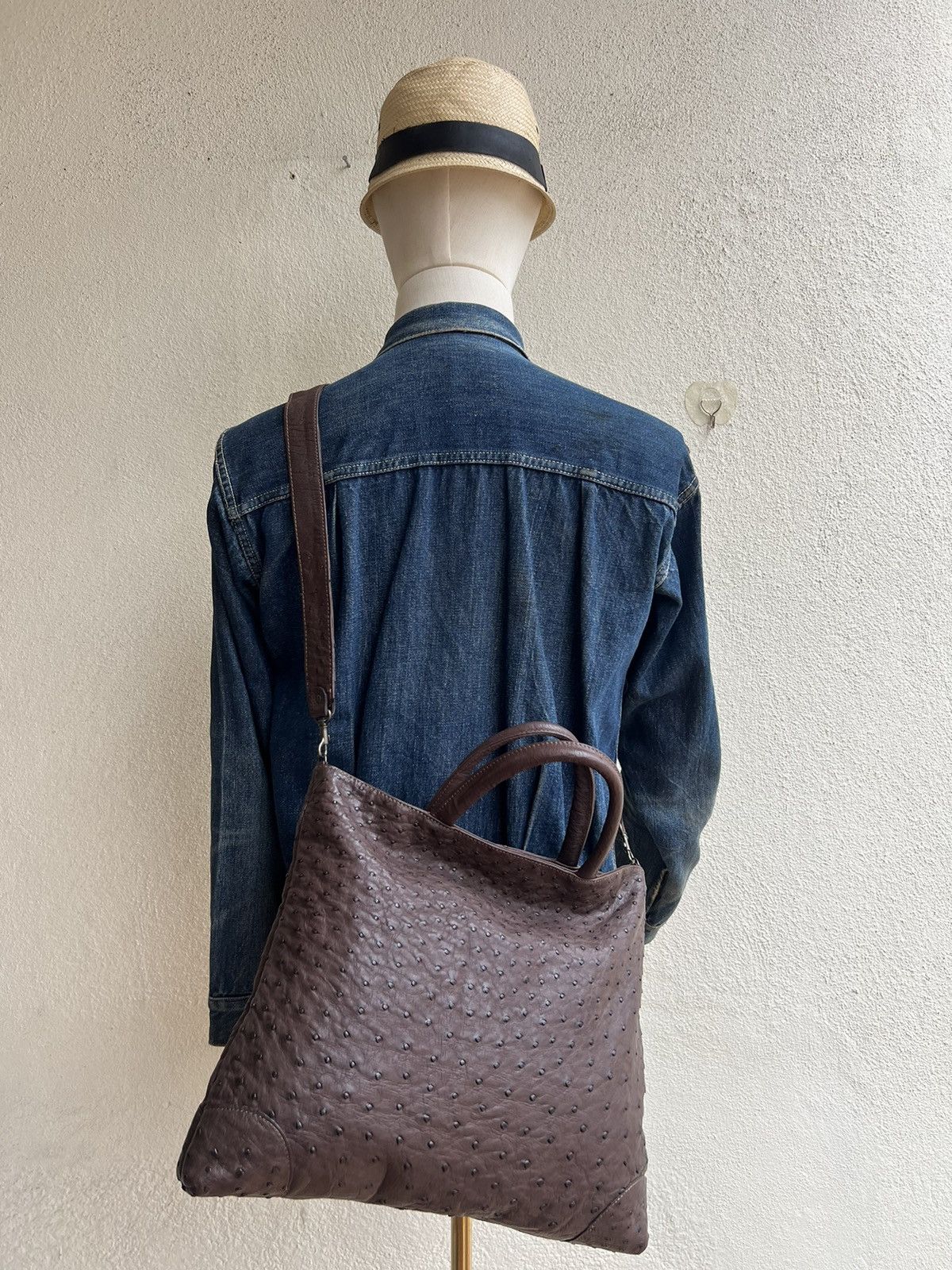 Leather Vintage Ostrich Leather 2 Way Bag AKI Leather Work Japan Size ONE SIZE - 4 Thumbnail