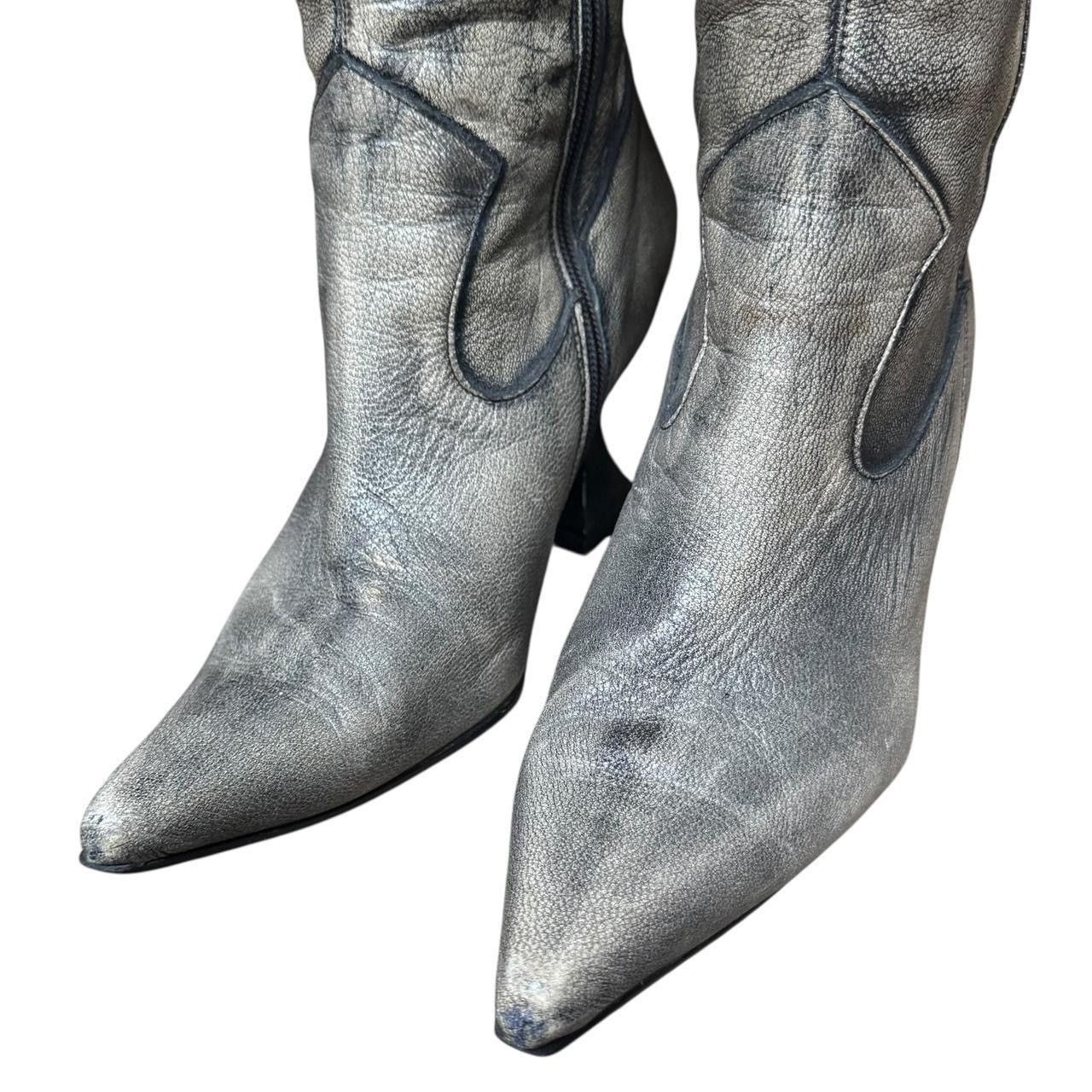 Vintage Fluevog Gray Leather Cowboy Boots, Size 39, 90s Rare