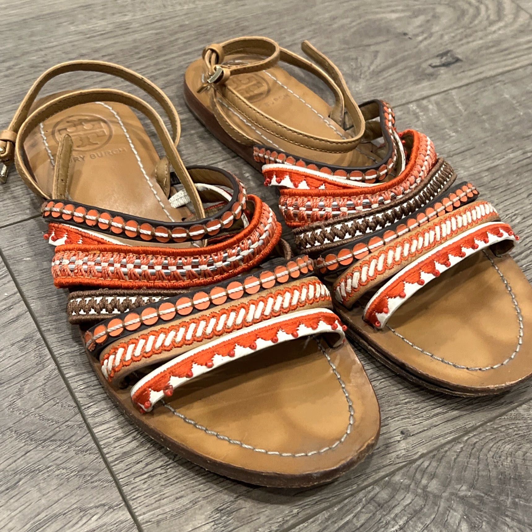 Tory Burch TORY BURCH Limited Edition Black Leather Flip Flop Sandals Women Size 8.5 - Beaded, Embroidered, Casual, Summer, Disco Theme Size US 8.5 / IT 38.5 - 2 Thumbnail