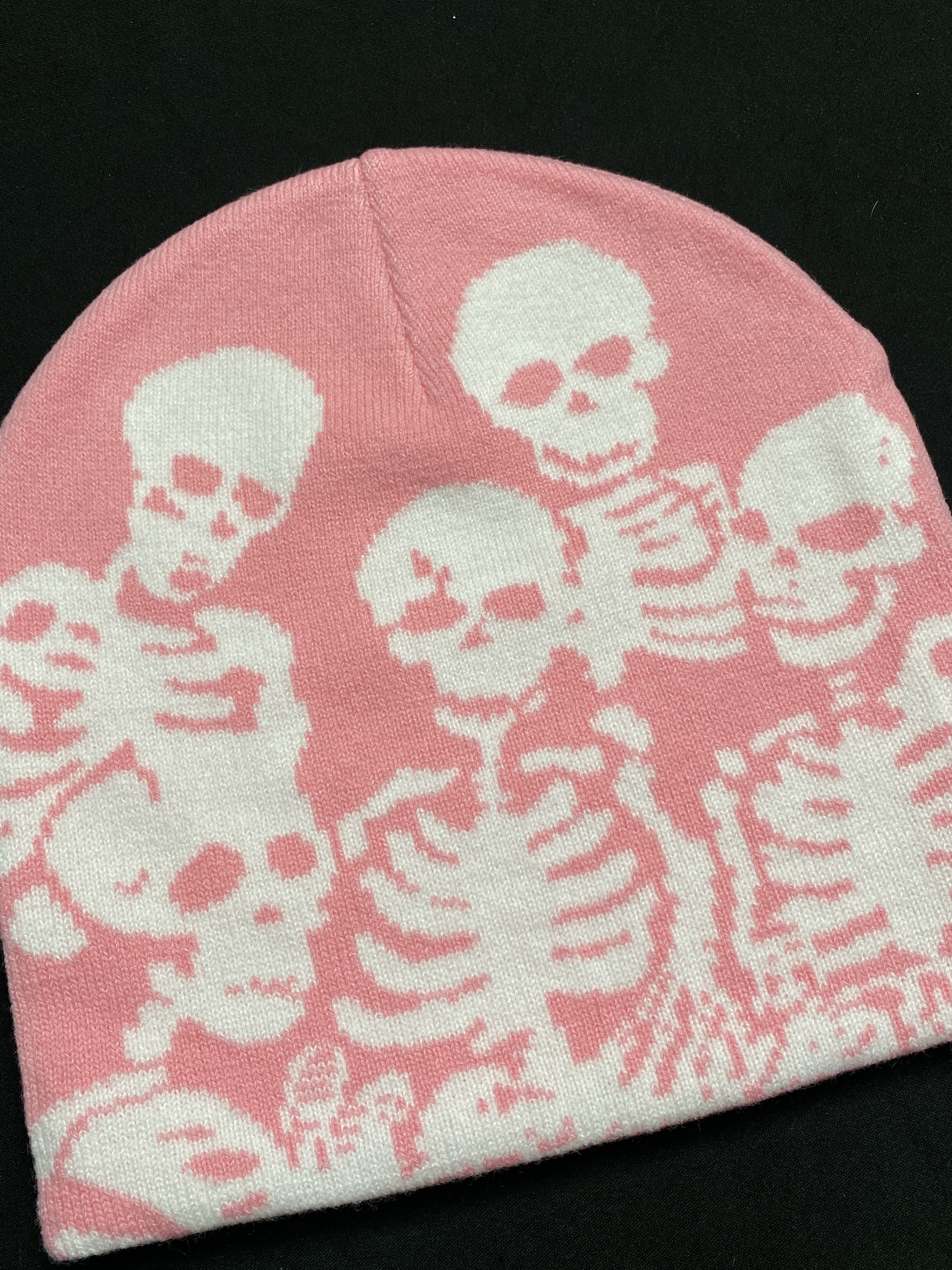 Japanese Brand Rare Skeleton Graphic design No Cuff Knit Pink Beanie OS Size ONE SIZE - 4 Thumbnail