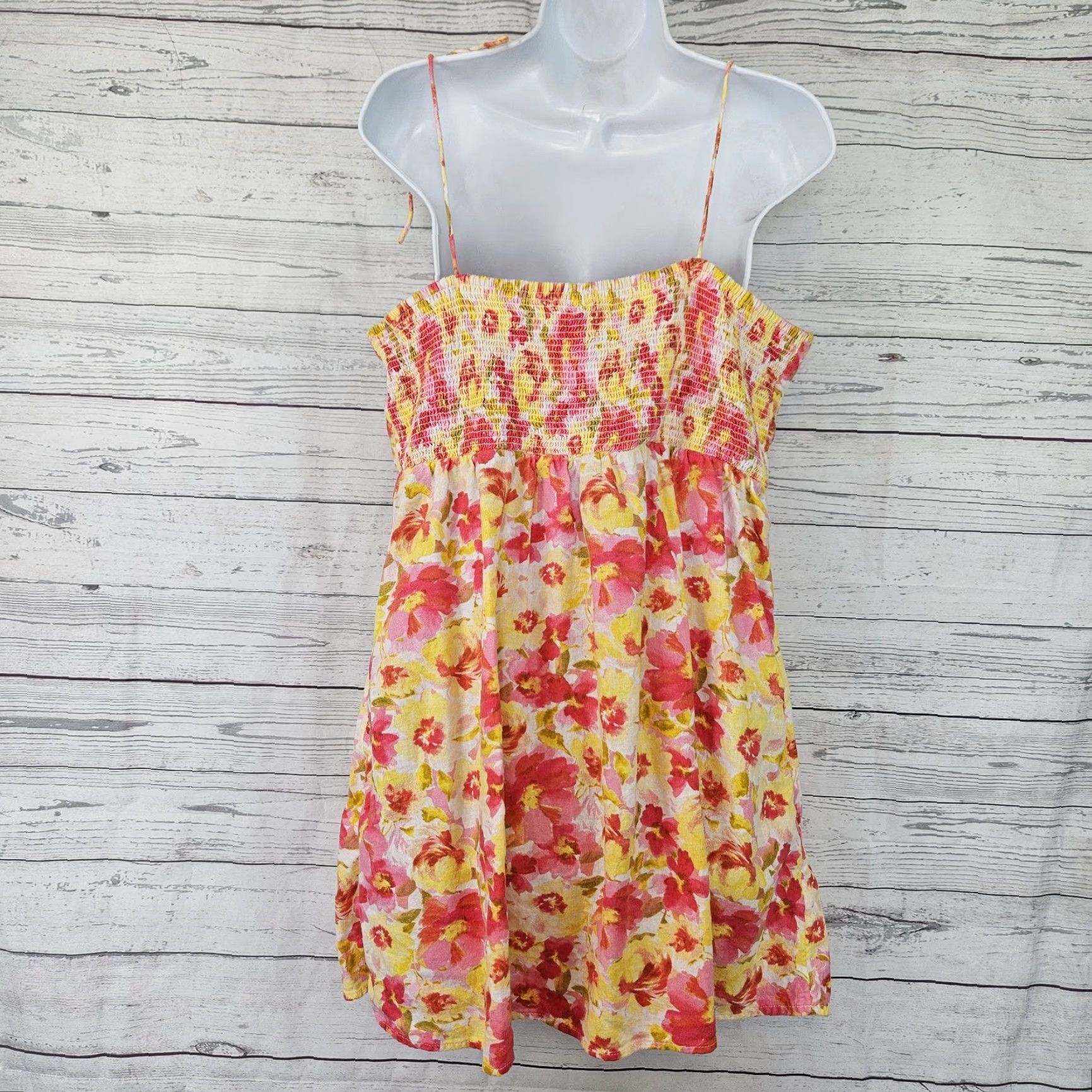 Old Navy Old Navy Womens Dress XL Pink Yellow Linen Blend Shoulder Ties Smocked Sundress Short Sleeveless Ul Floral Pattern Size XL / US 12-14 / IT 48-50 - 3 Thumbnail