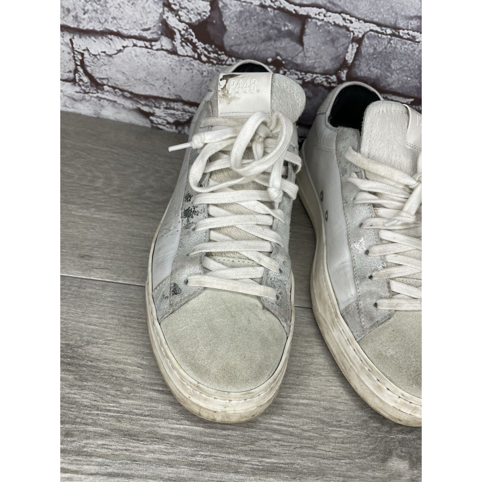 P448 P448 White Leather Gray Suede Silver Glitter Low Top Sneaker Size US 9.5 / IT 39.5 - 3 Thumbnail
