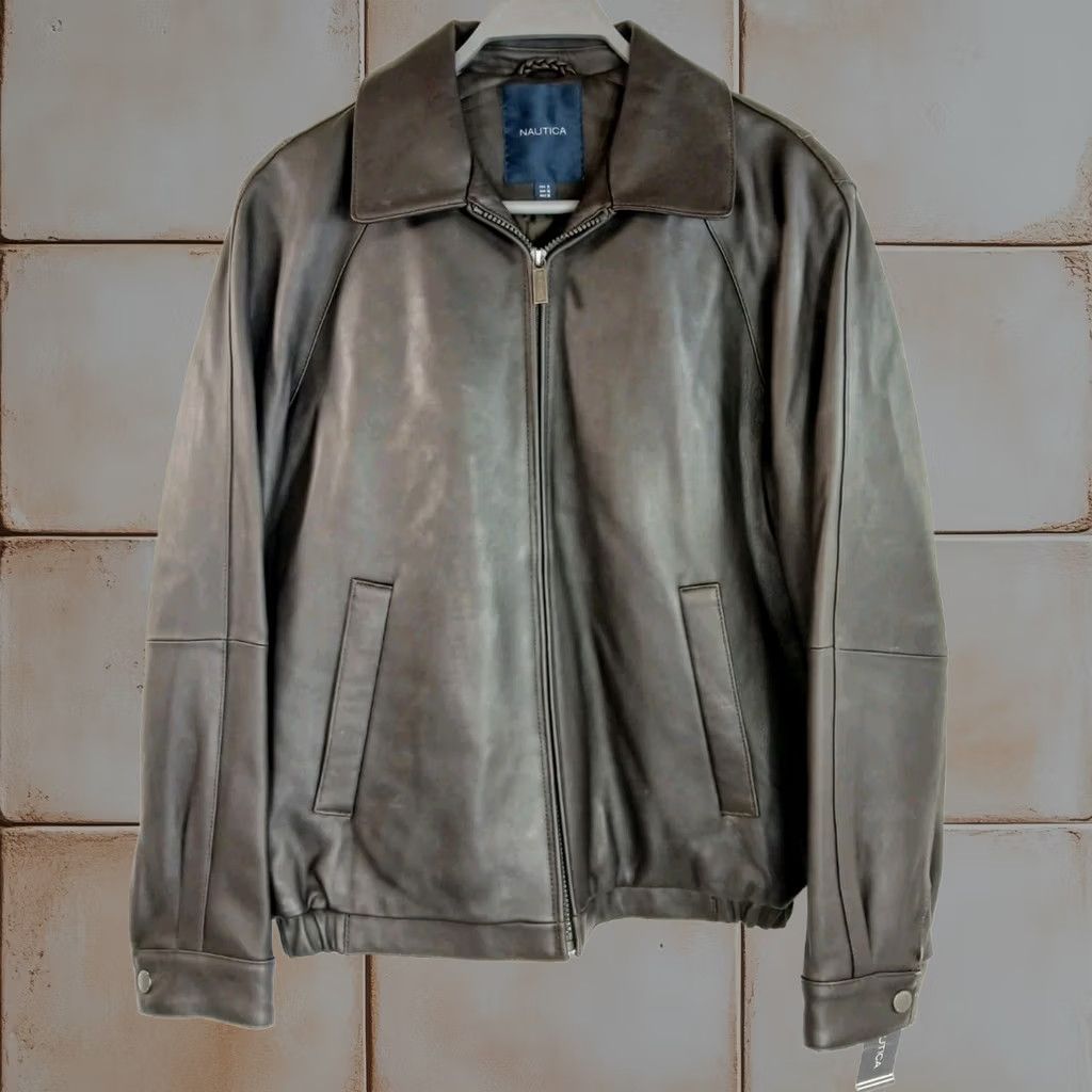 Nautica Bomber Jacket Mens Size S Milk Chocolate Leather Full Zip Casual Business in Brown, Men's