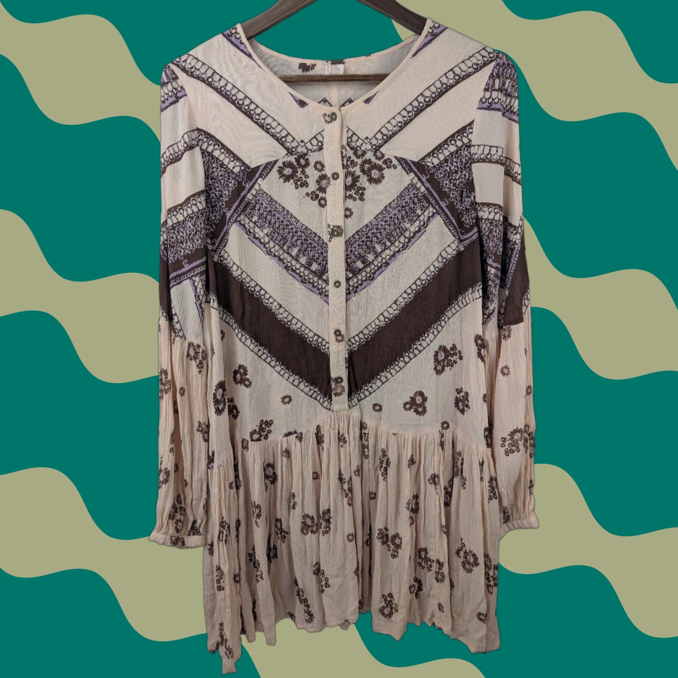 Free People Free People Printed Rayon Gauze From Your Heart Beige Boho Dress S Small Brown A-Line Womens Short Sleeve Size S / US 4 / IT 40 - 1 Thumbnail