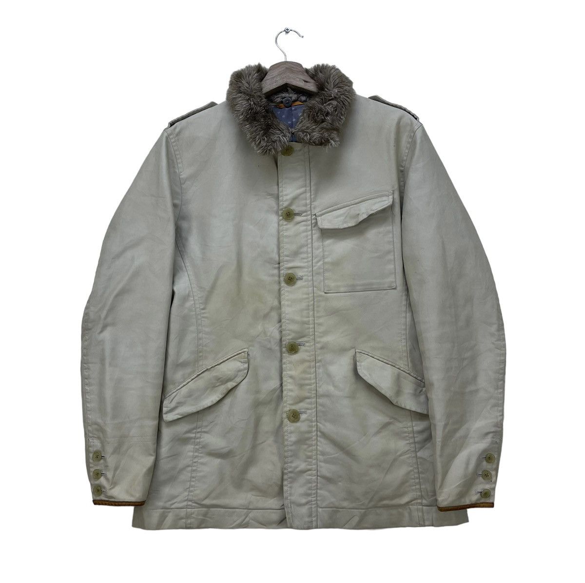 image of American Classics x Mink Fur Coat Takeo Kikuchi Detachble Faux Fur Hood Jacket in Cream (Size Mediu