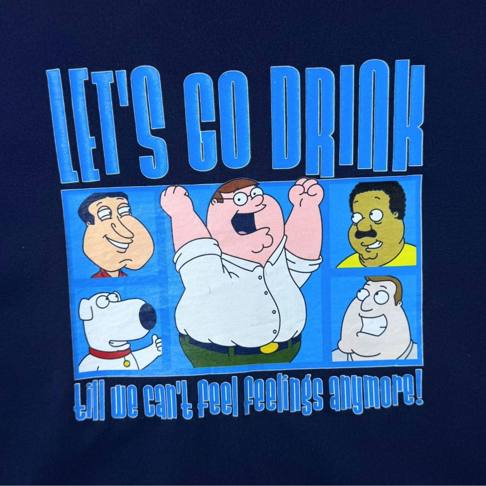 Fruit Of The Loom Family Guy "Let's Go Drink" Animated Cartoon TV Show Graphic Navy Blue T-Shirt XL Mens Regular 100% Cotton Navy Blue Graphic Print T-Shirt Boys? Size US XL / EU 56 / 4 - 3 Thumbnail