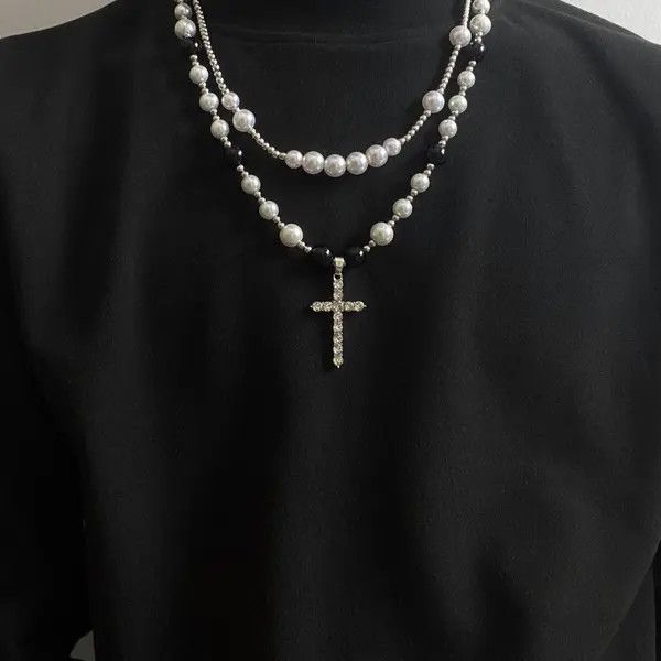 VIBE Cross Stacked Beaded Necklace, Cross Layered Necklace Size ONE SIZE - 3 Thumbnail